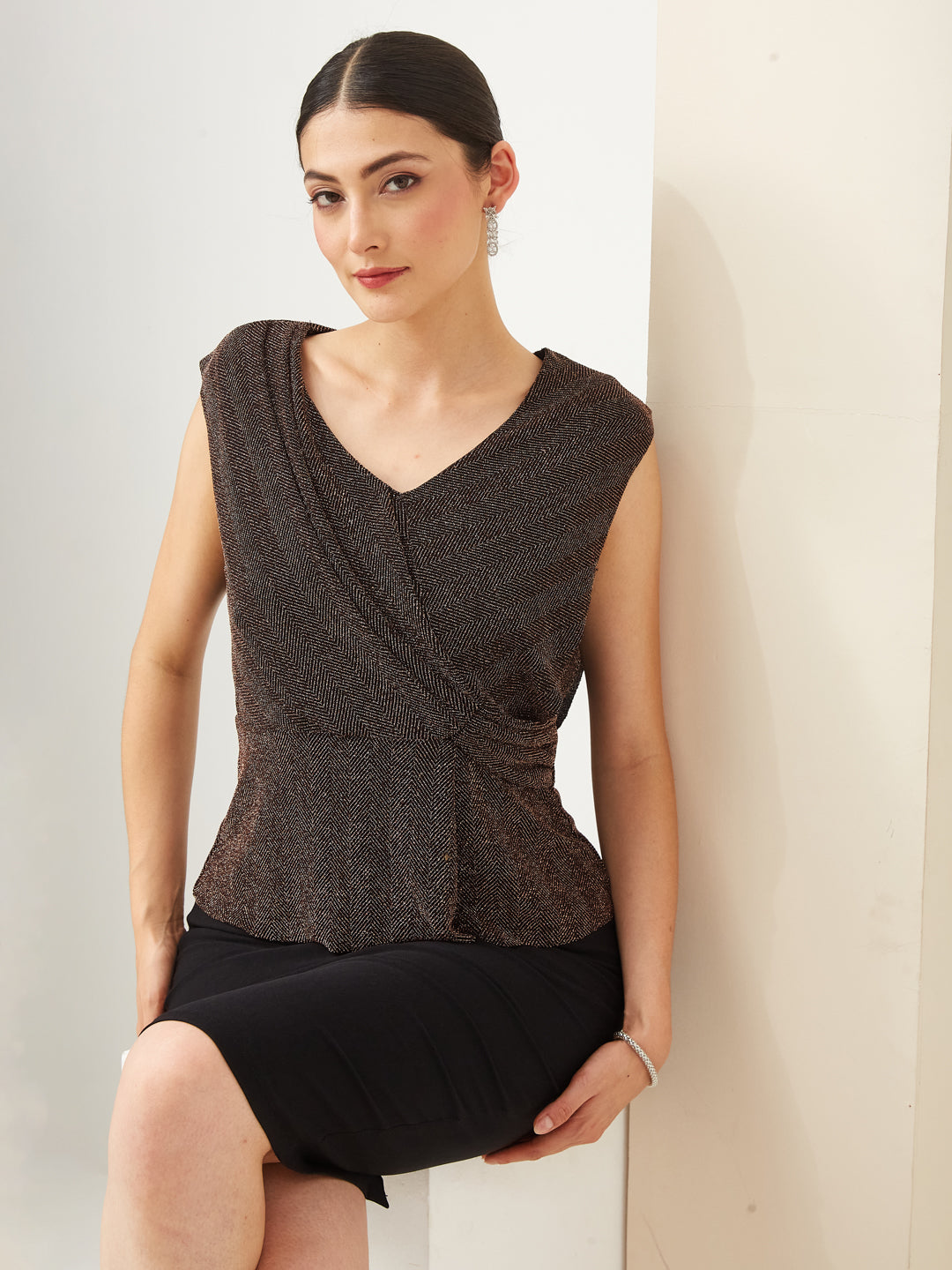 Latin Quarters Women Copper Shimmer V- Neck Cap Sleeve Solid Party Top