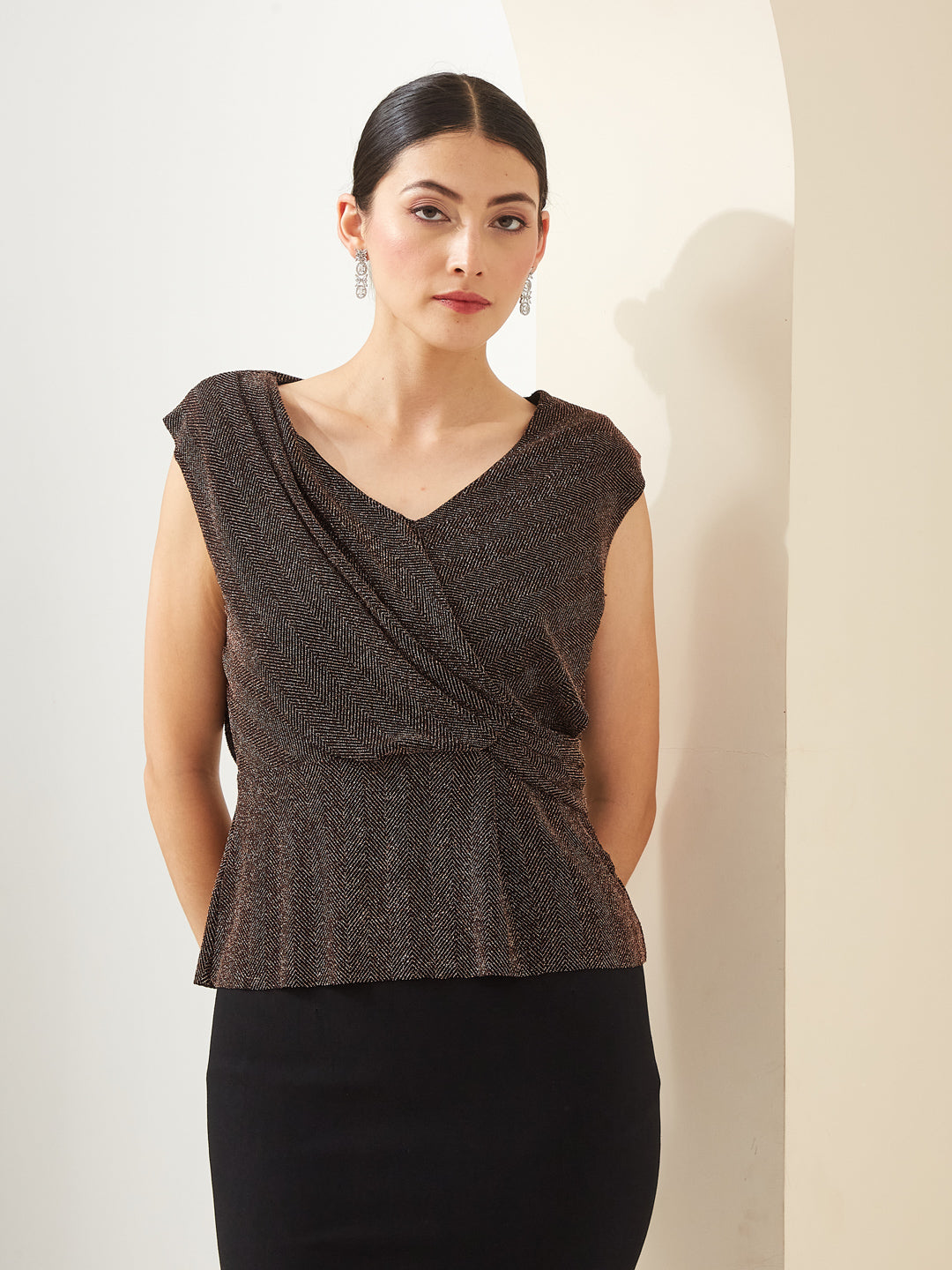 Latin Quarters Women Copper Shimmer V- Neck Cap Sleeve Solid Party Top