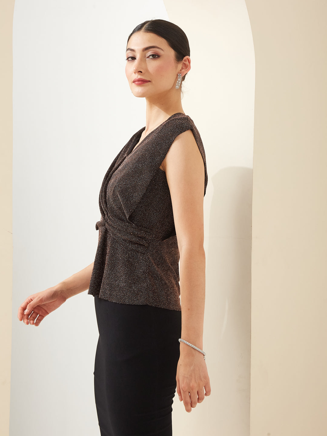 Latin Quarters Women Copper Shimmer V- Neck Cap Sleeve Solid Party Top