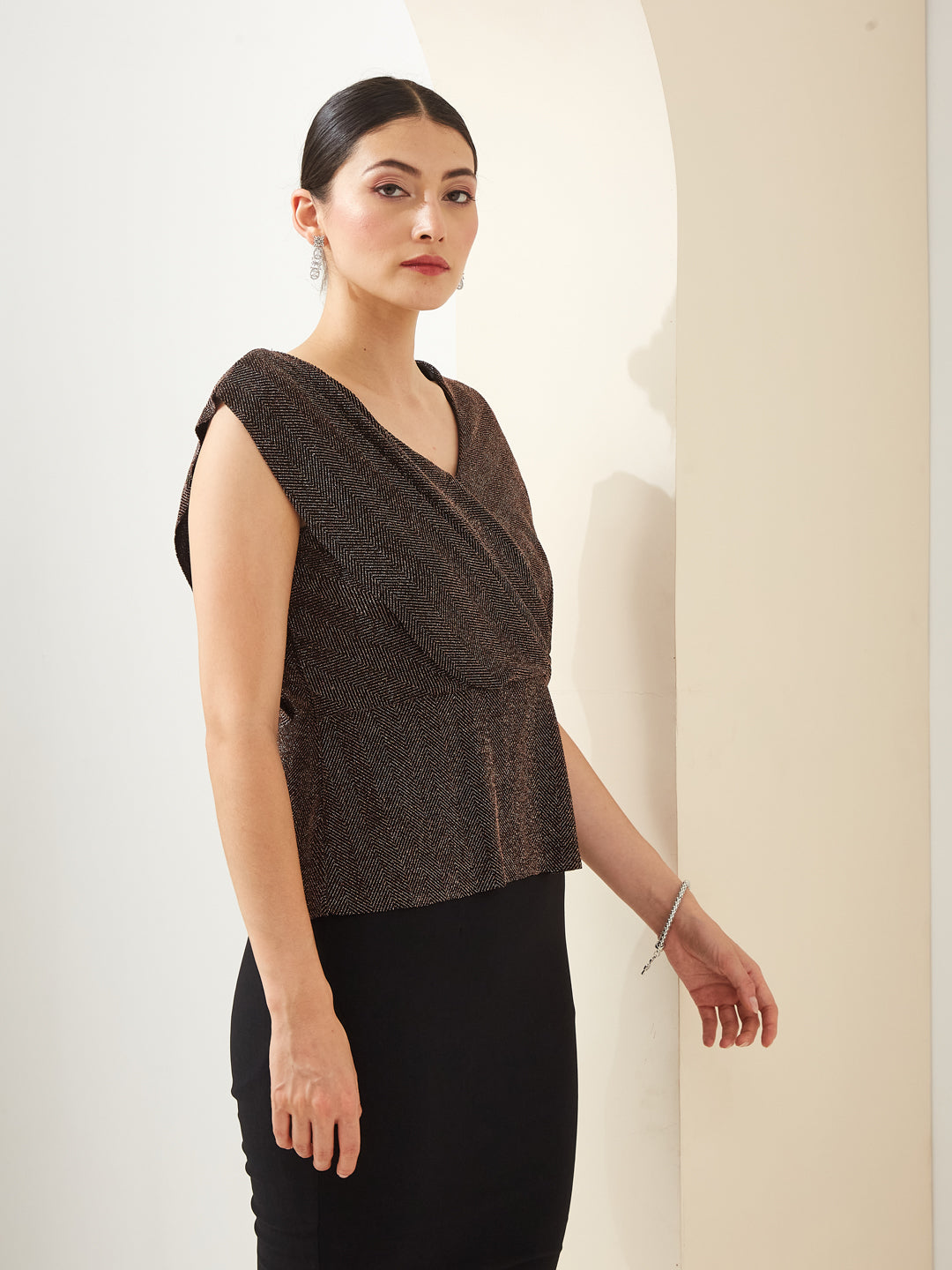 Latin Quarters Women Copper Shimmer V- Neck Cap Sleeve Solid Party Top