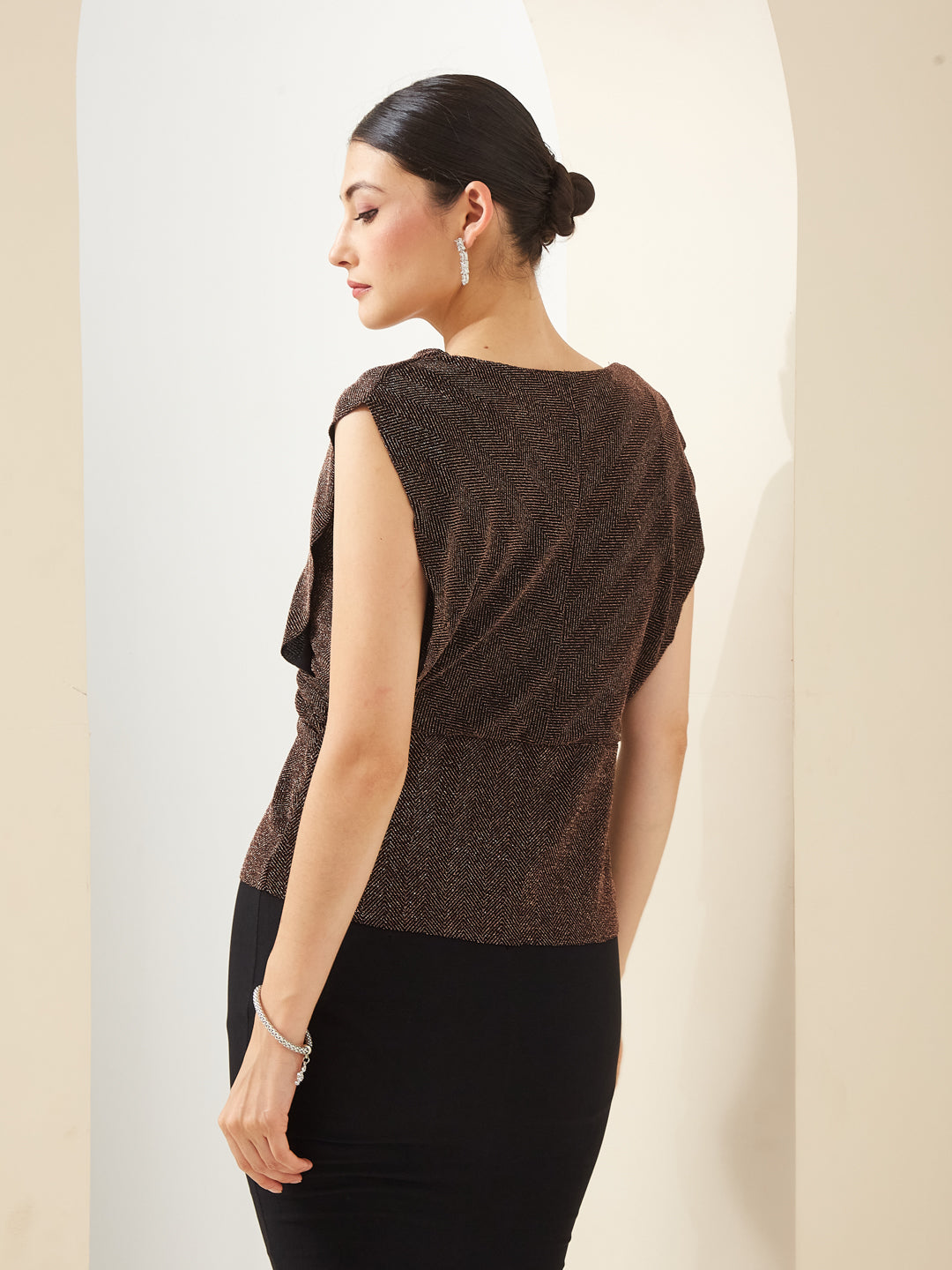 Latin Quarters Women Copper Shimmer V- Neck Cap Sleeve Solid Party Top