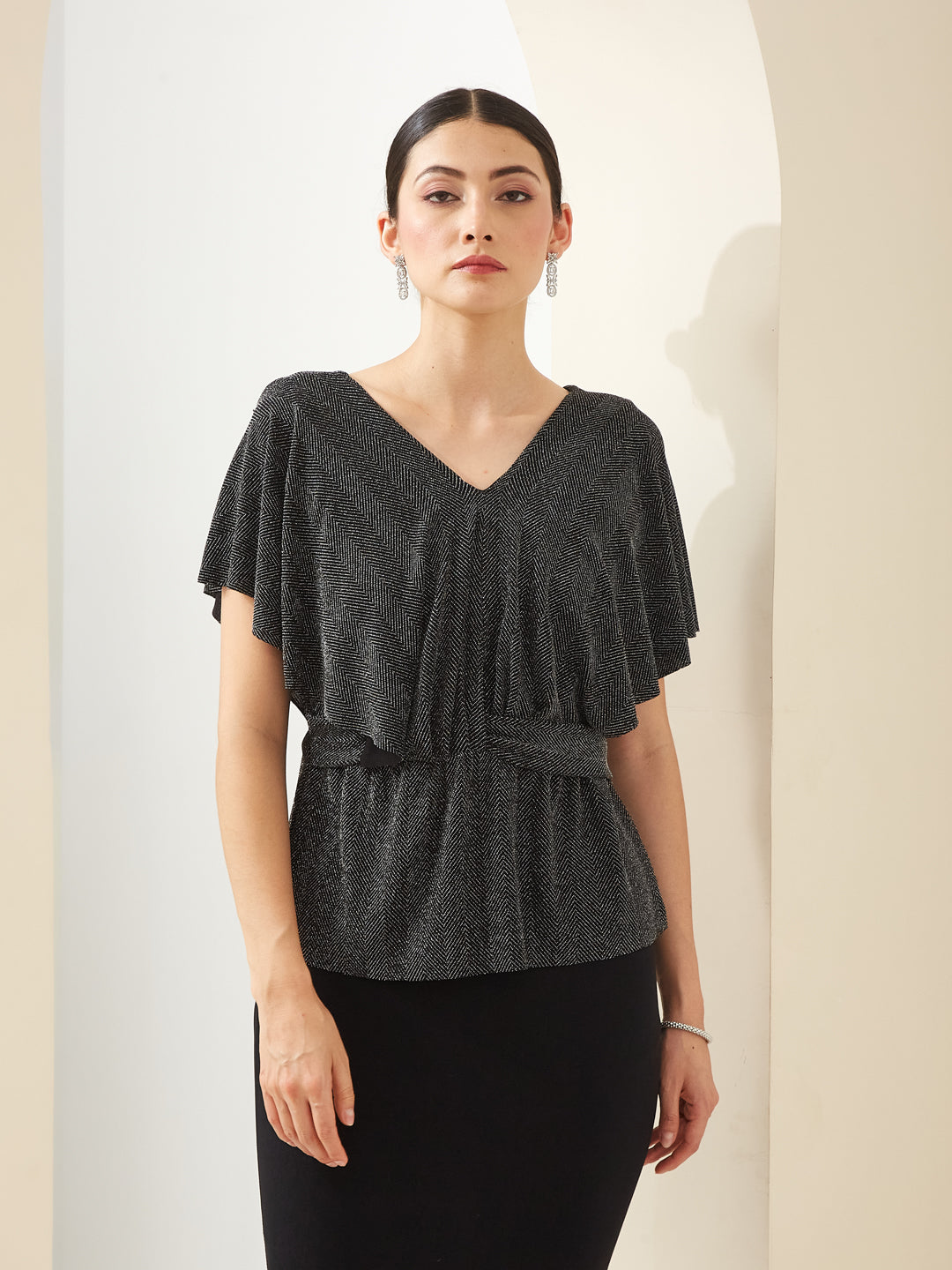 Latin Quarters Women Black V- Neck Short Sleeves Solid Party Top