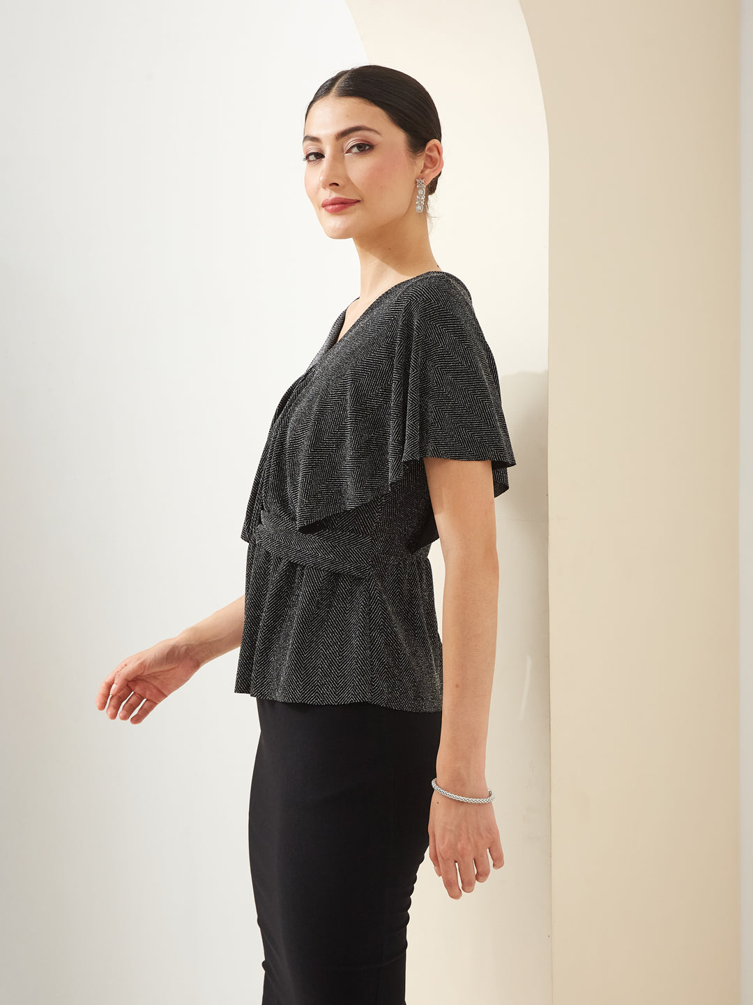 Latin Quarters Women Black V- Neck Short Sleeves Solid Party Top