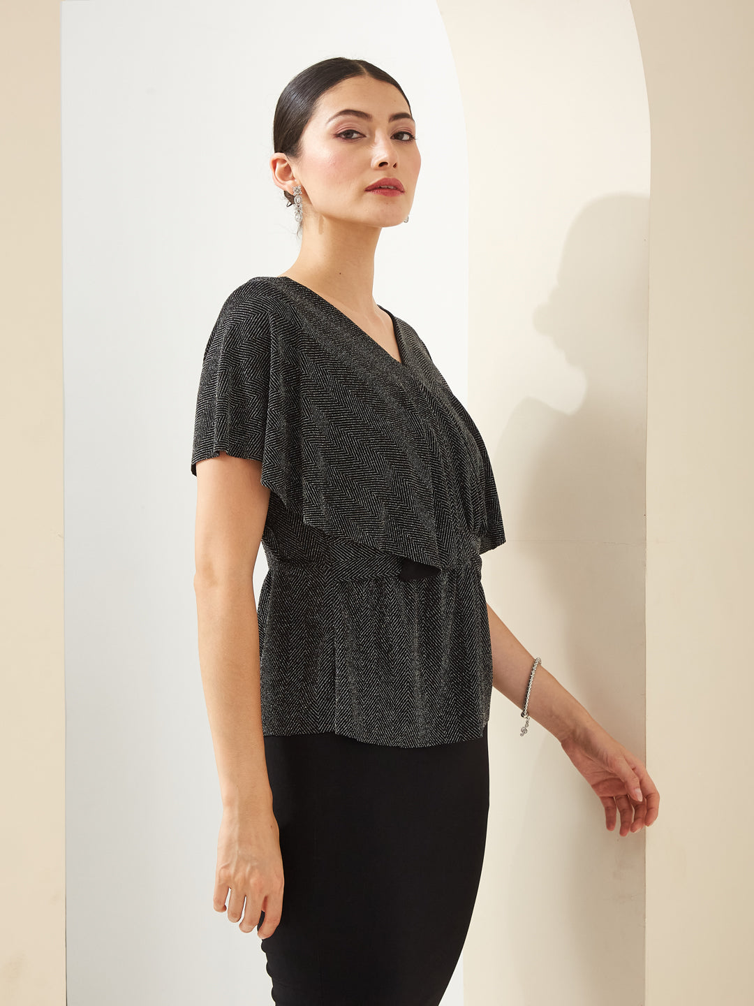 Latin Quarters Women Black V- Neck Short Sleeves Solid Party Top