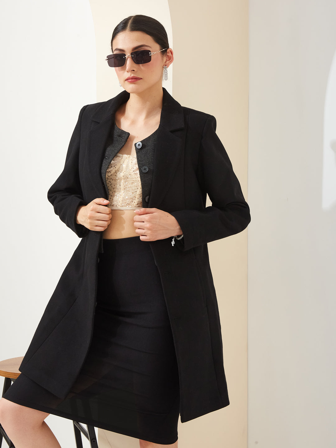 Latin Quarters Women Black Collared Full Sleeves Solid Casual Coat