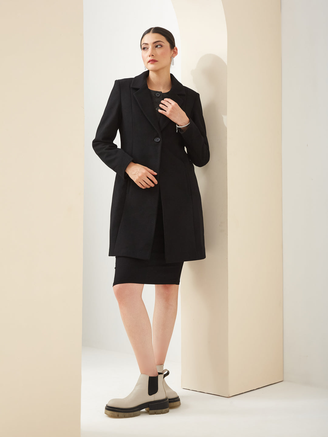 Latin Quarters Women Black Collared Full Sleeves Solid Casual Coat
