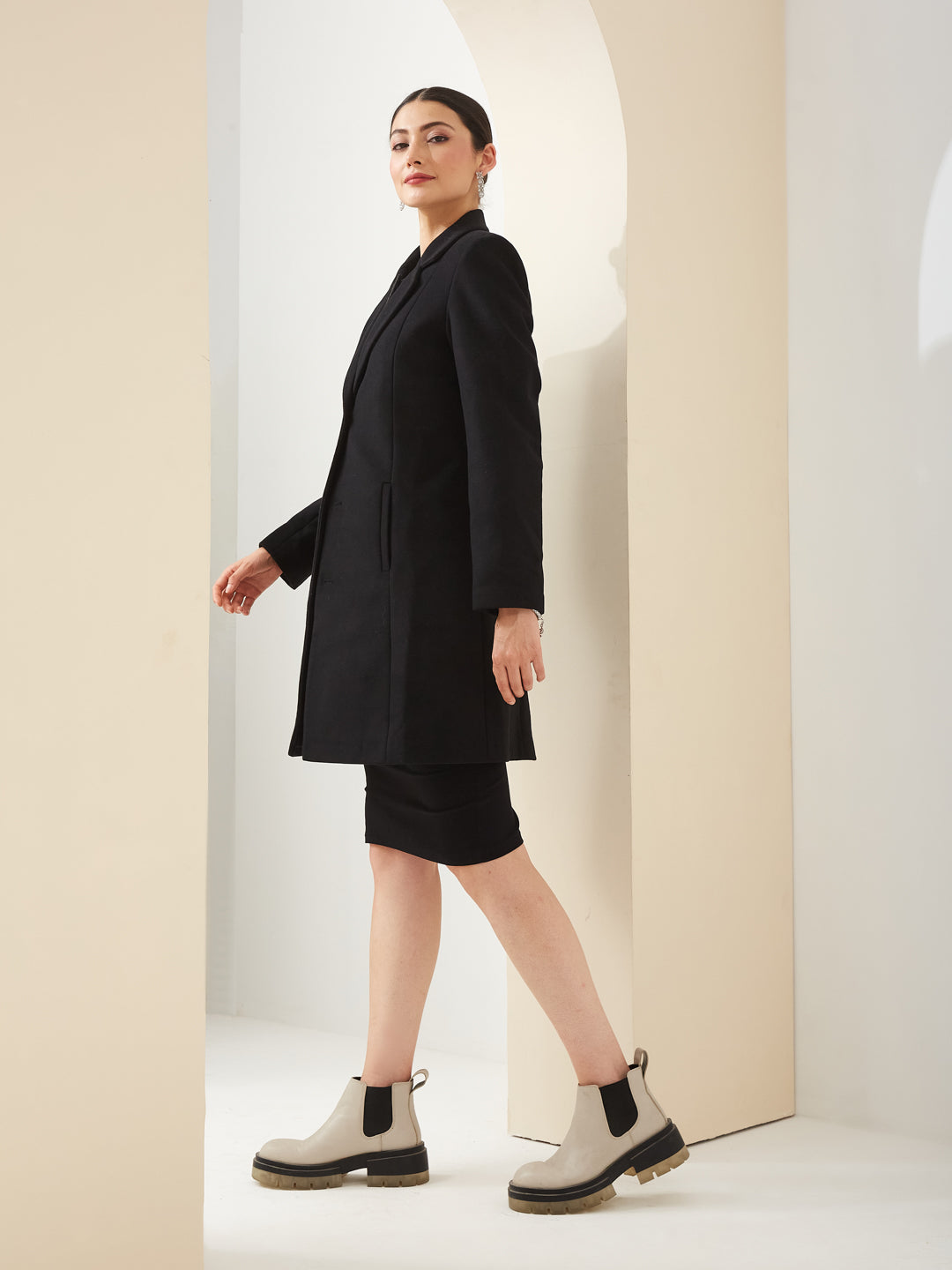 Latin Quarters Women Black Collared Full Sleeves Solid Casual Coat