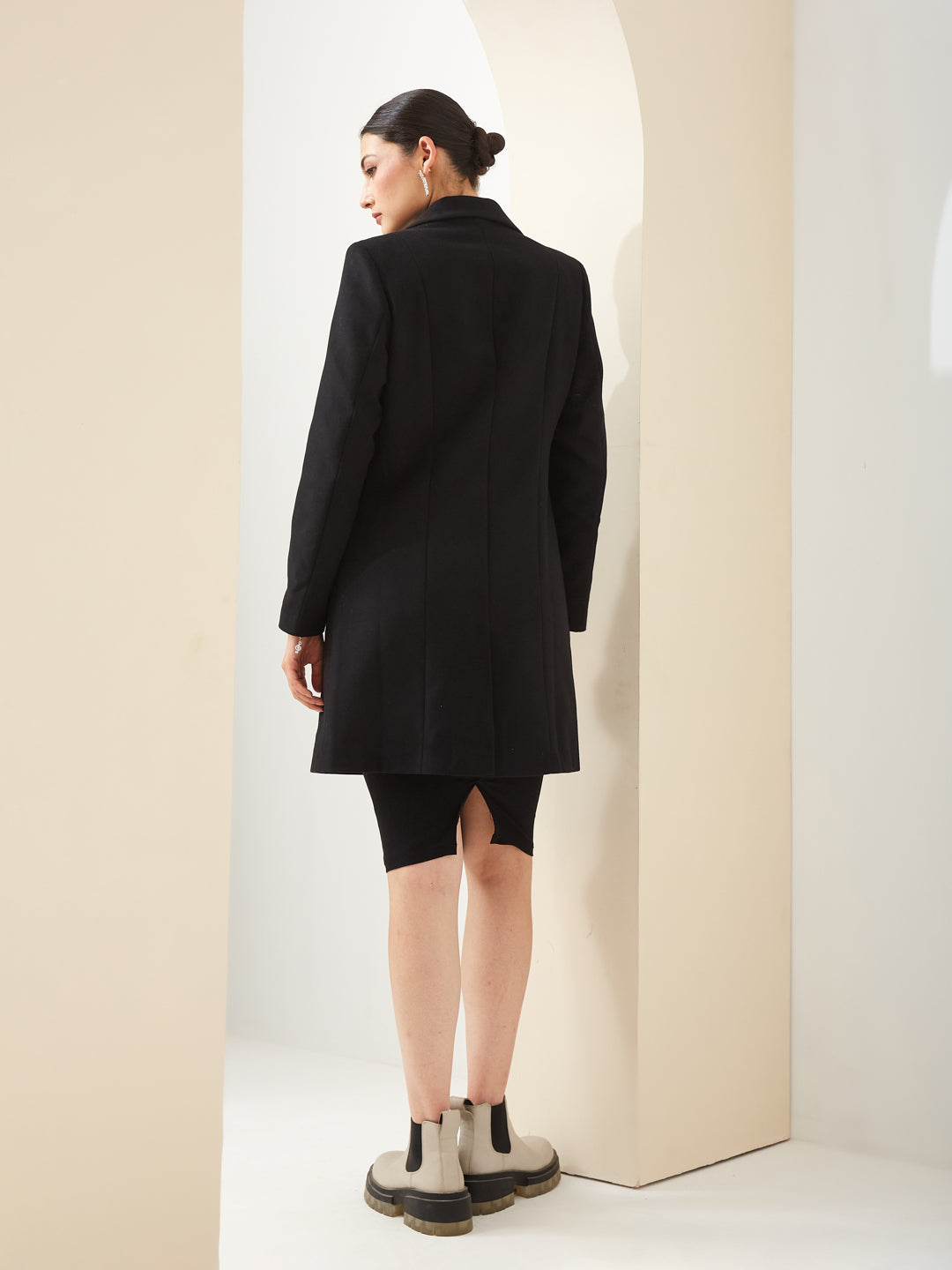 Latin Quarters Women Black Collared Full Sleeves Solid Casual Coat