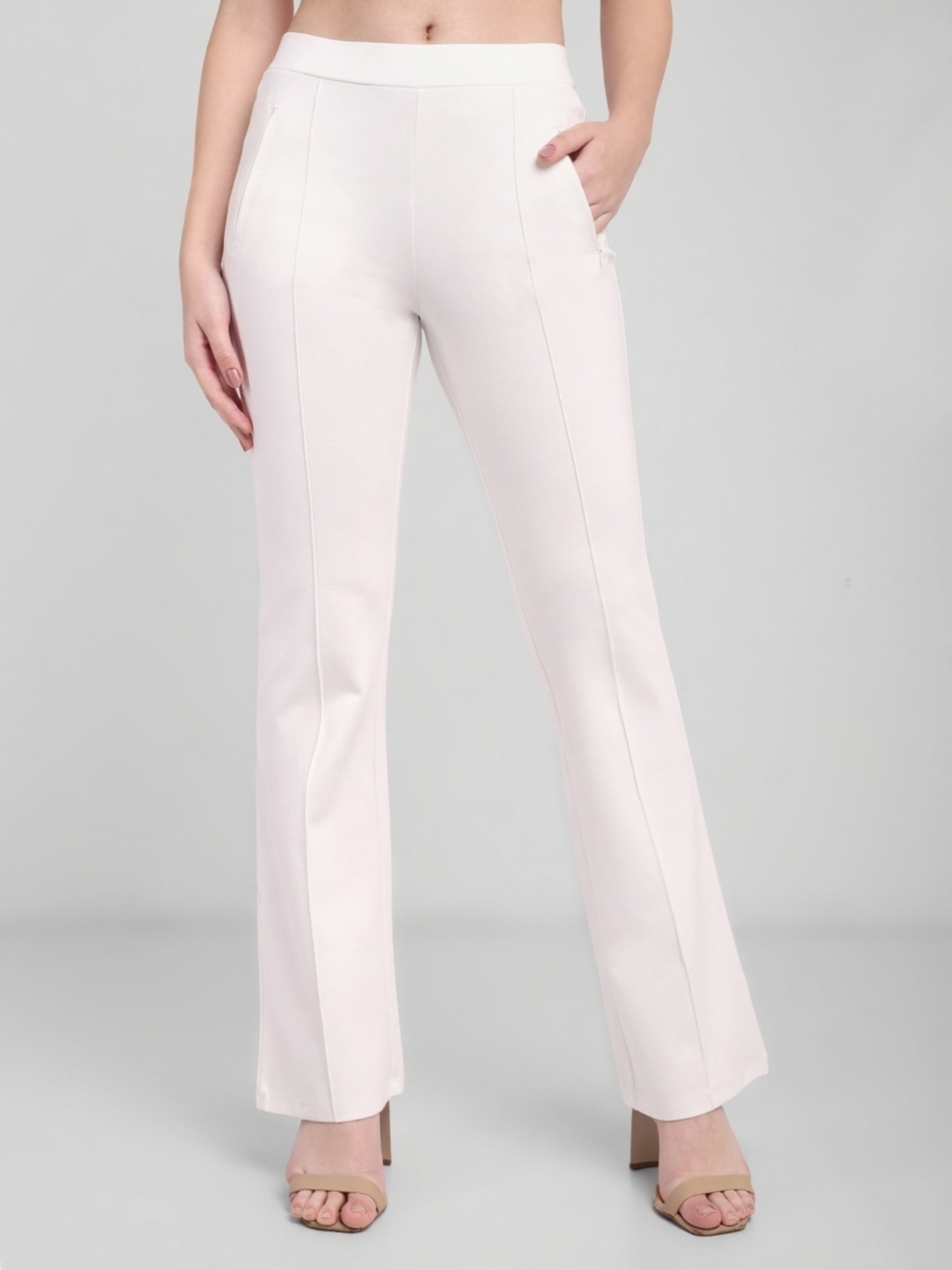 Latin Quarters Women White Solid High Rise Casual Flared Trouser