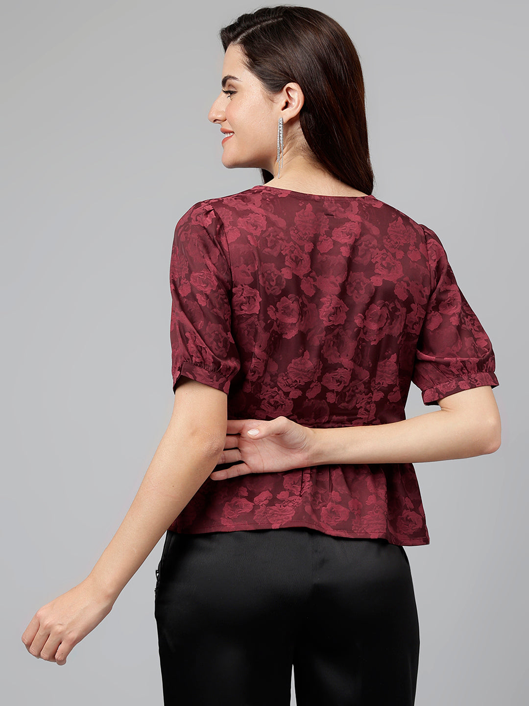 Latin Quarters Women Maroon V-Neck Half Sleeves Printed Top