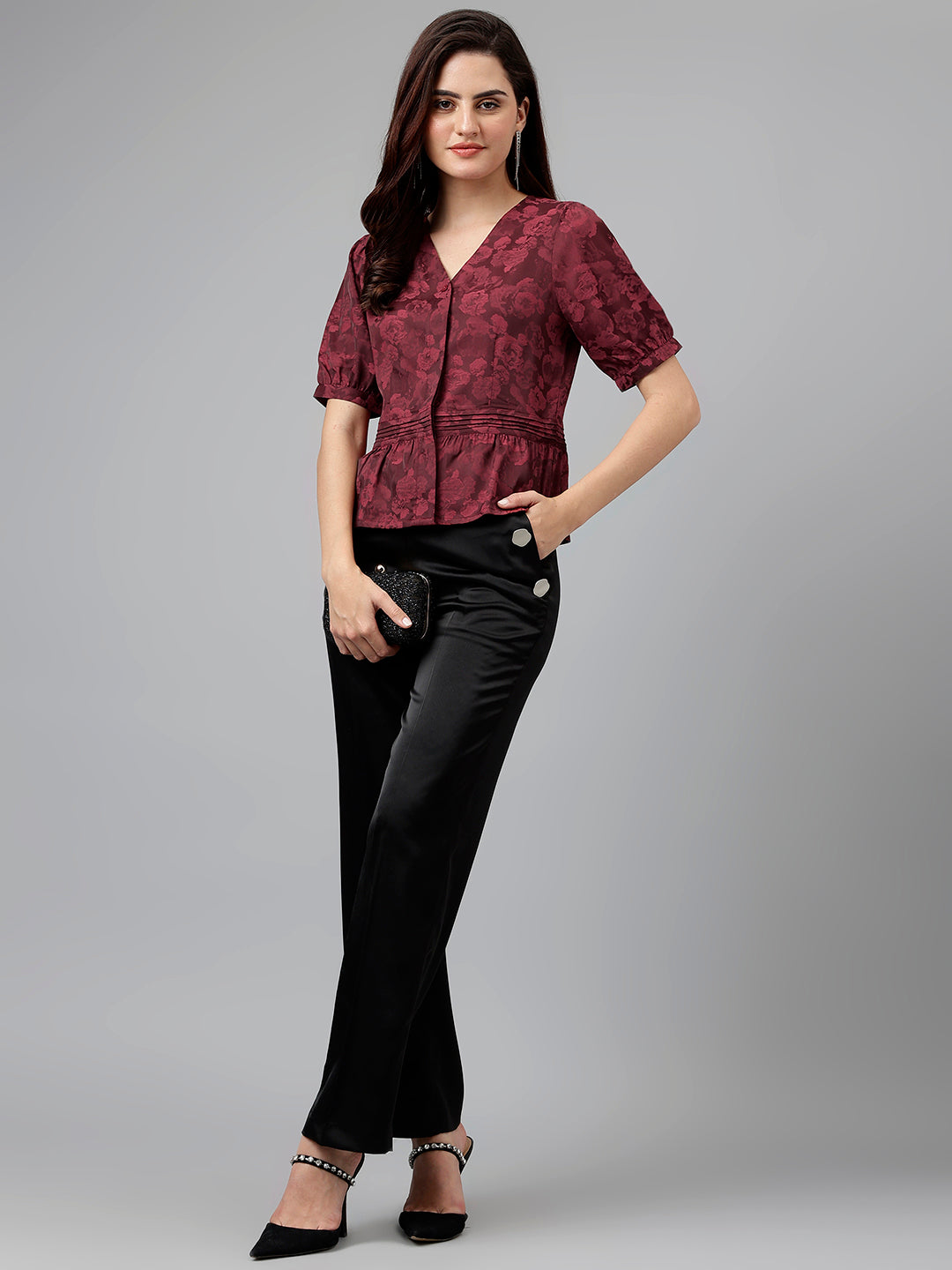 Latin Quarters Women Maroon V-Neck Half Sleeves Printed Top