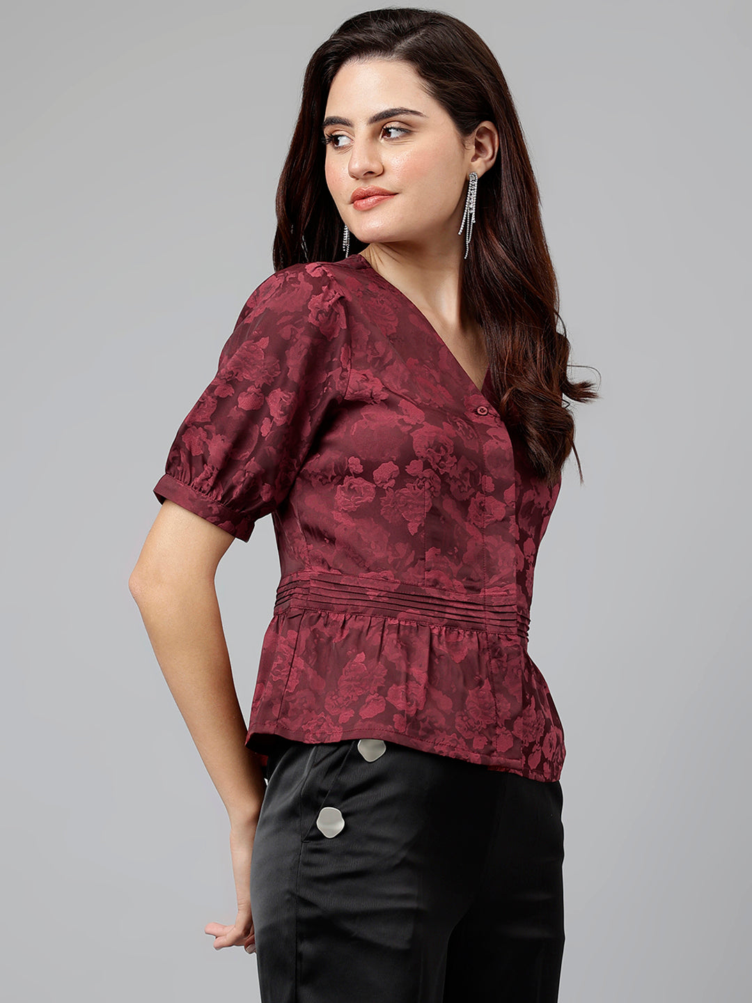 Latin Quarters Women Maroon V-Neck Half Sleeves Printed Top