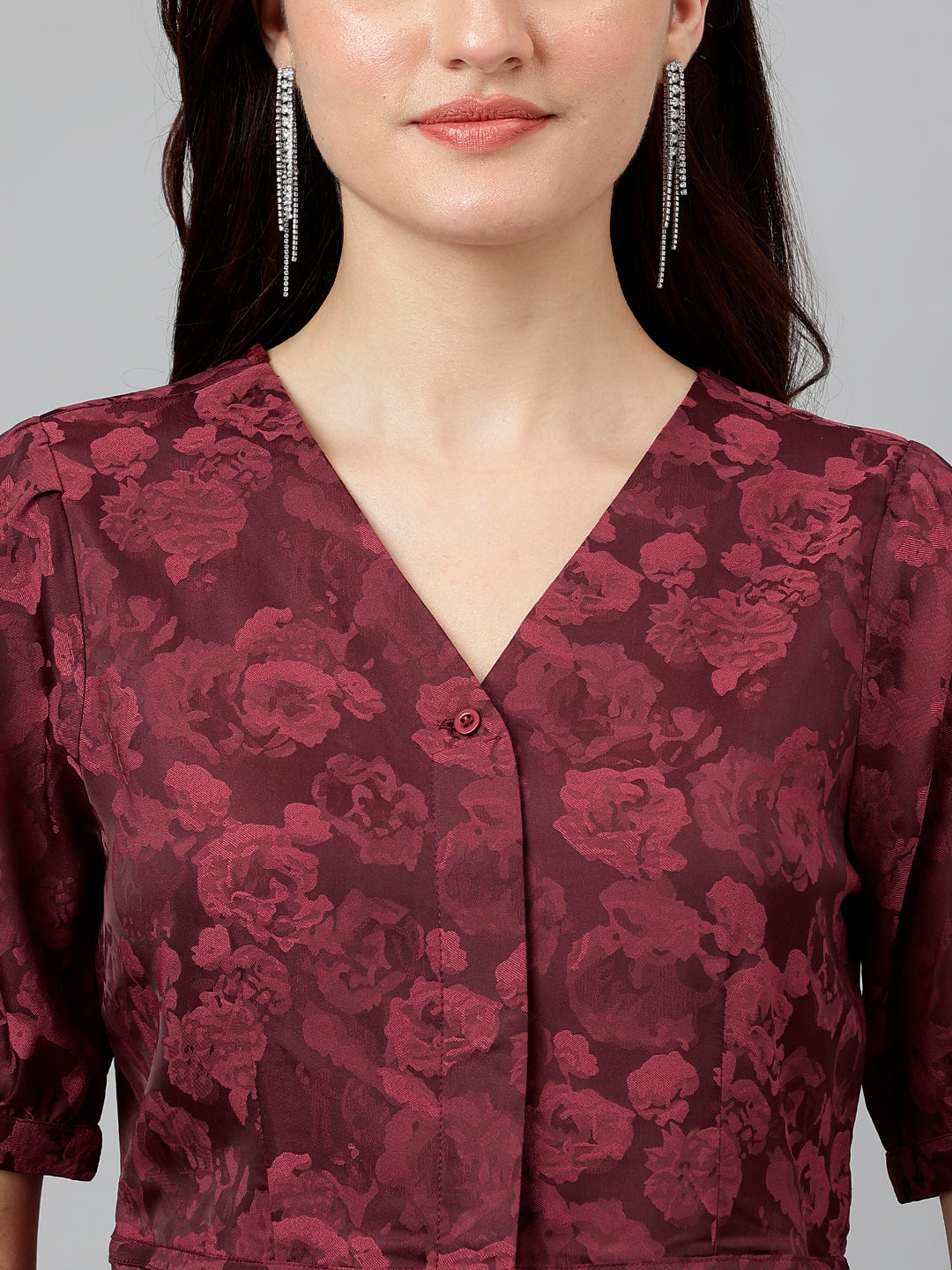 Latin Quarters Women Maroon V-Neck Half Sleeves Printed Top