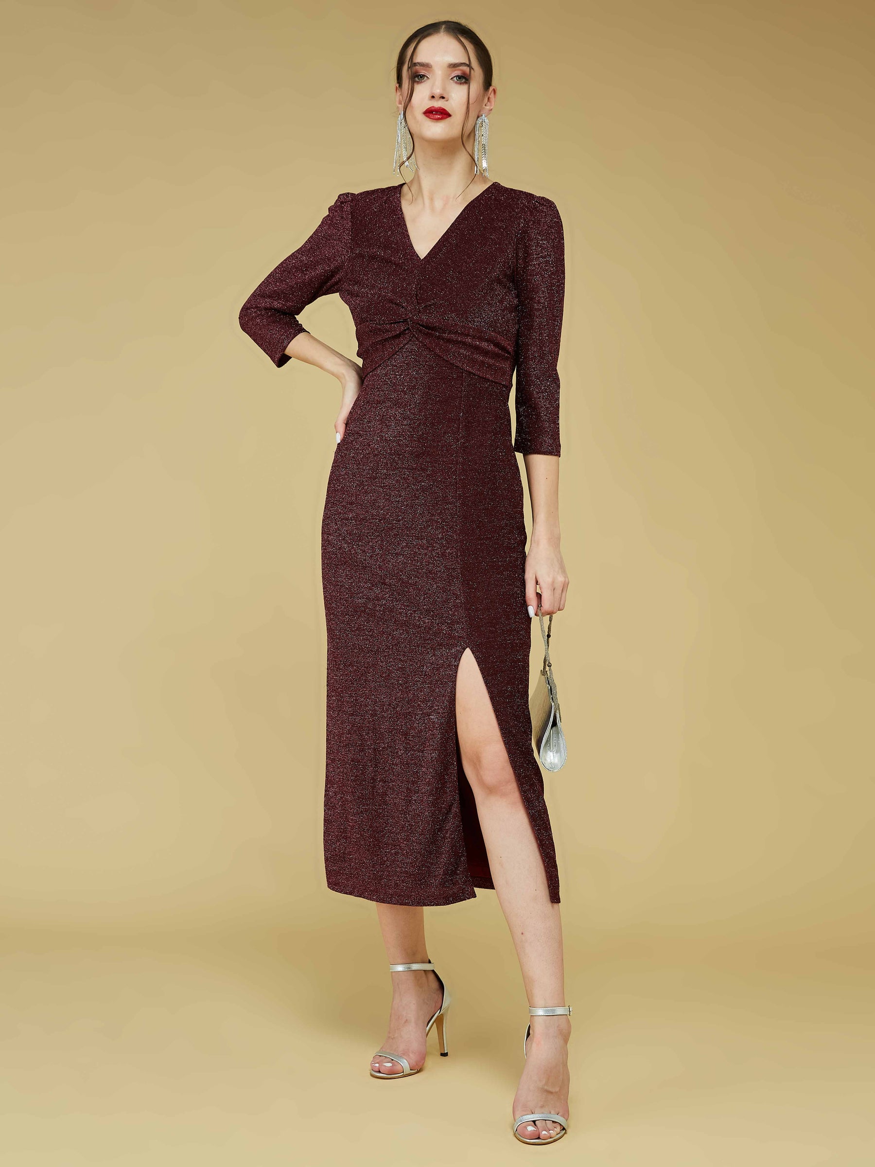 Maroon Full Sleeve V-Neck Solid Dress
