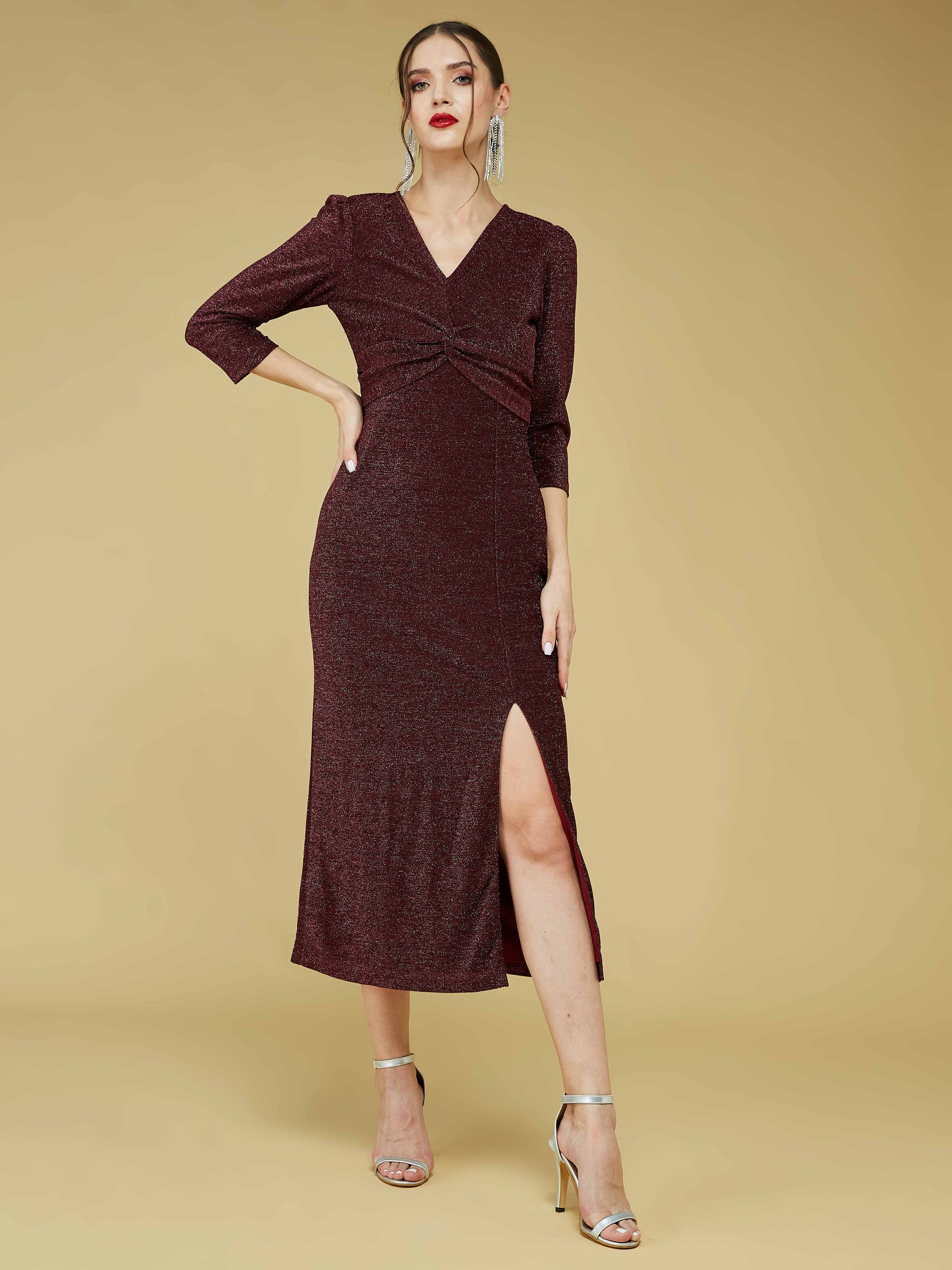Maroon Full Sleeve V-Neck Solid Dress