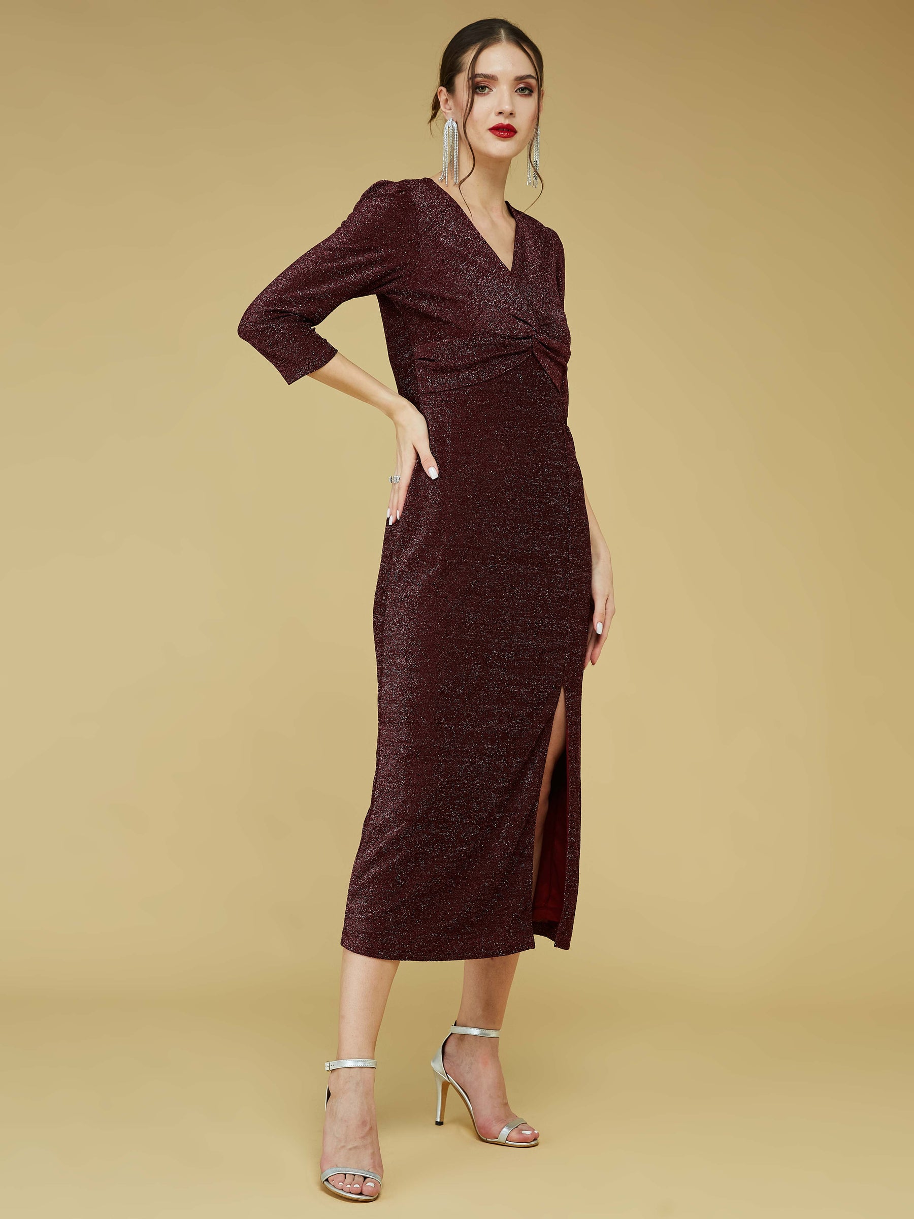 Maroon Full Sleeve V-Neck Solid Dress