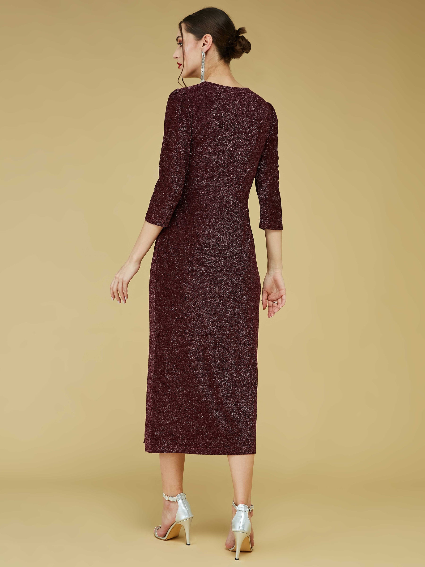 Maroon Full Sleeve V-Neck Solid Dress
