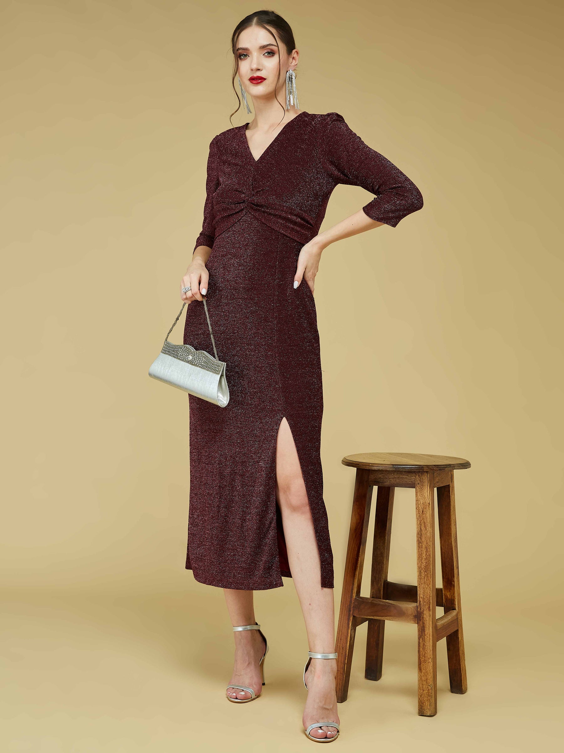 Maroon Full Sleeve V-Neck Solid Dress