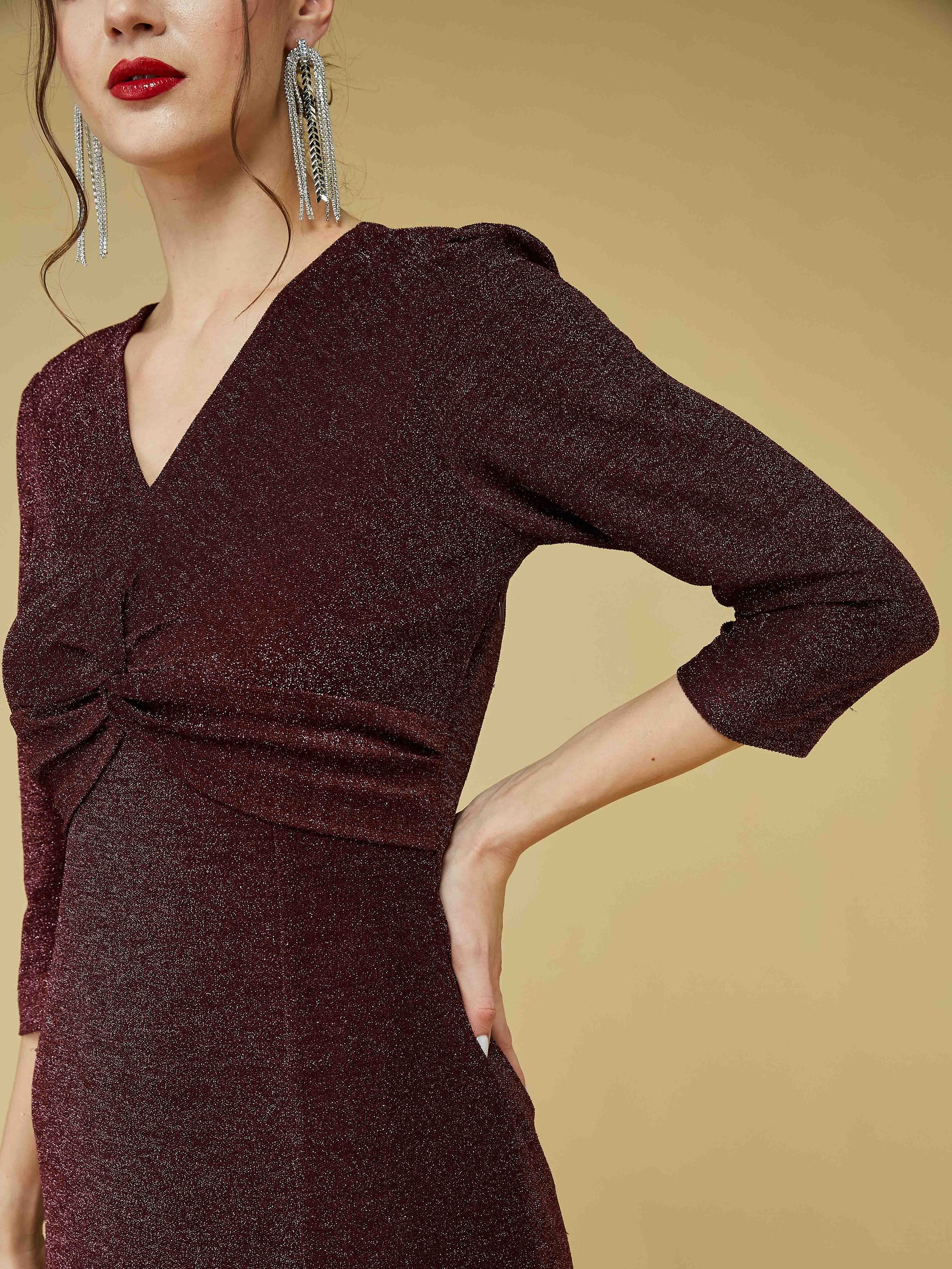 Maroon Full Sleeve V-Neck Solid Dress
