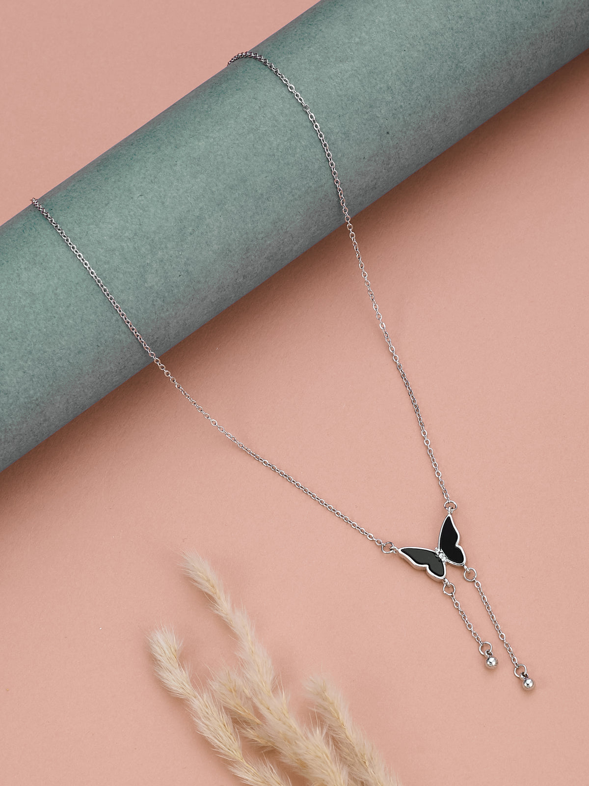 Silver Plated Black Butterfly Chain For Women & Girls