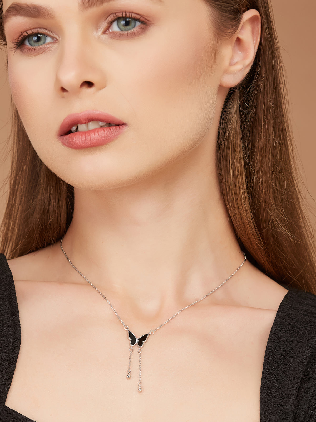 Silver Plated Black Butterfly Chain For Women & Girls