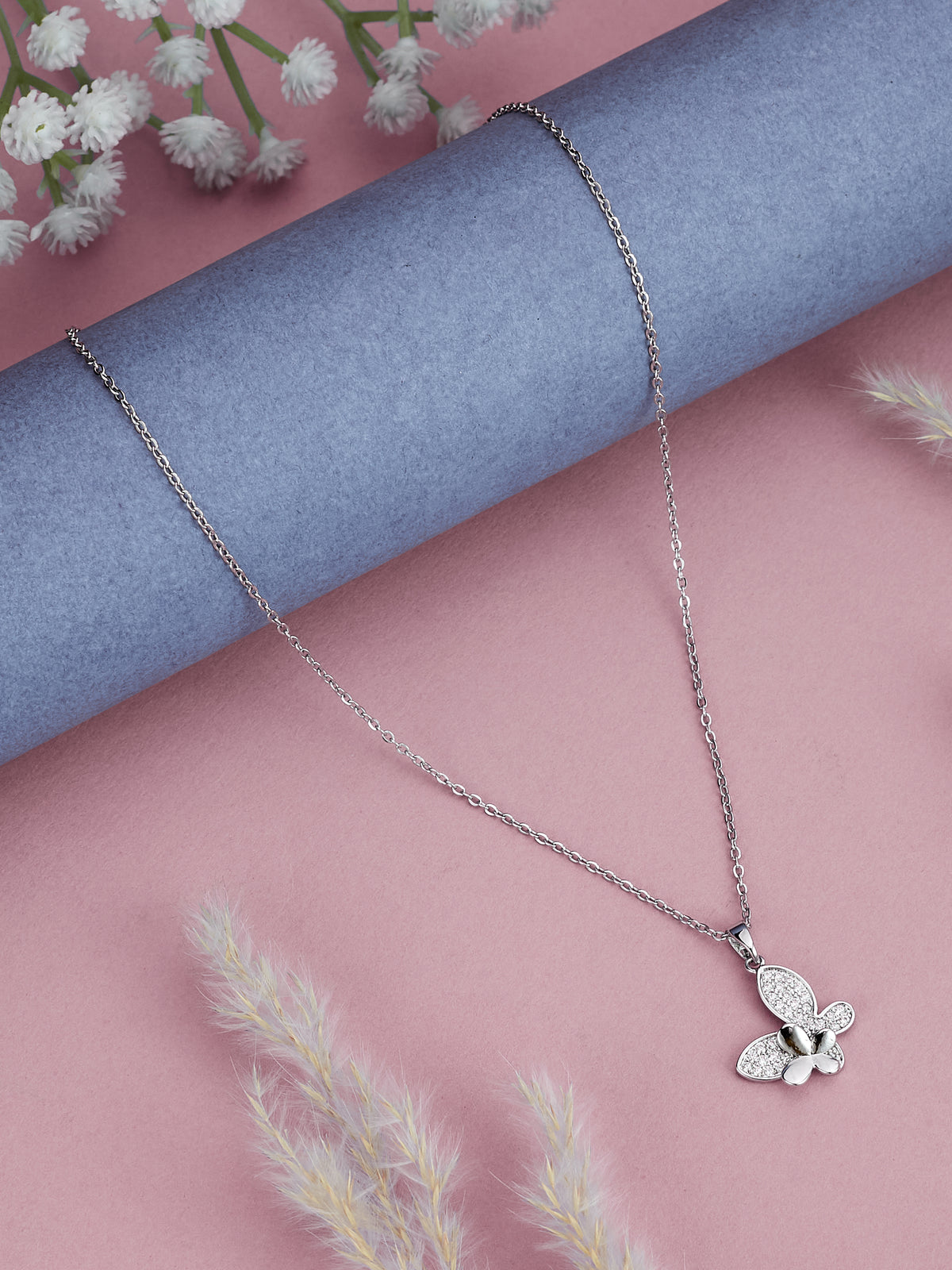 Stylish Silver Plated Chain With Butterfly Pendant For Women & Girls