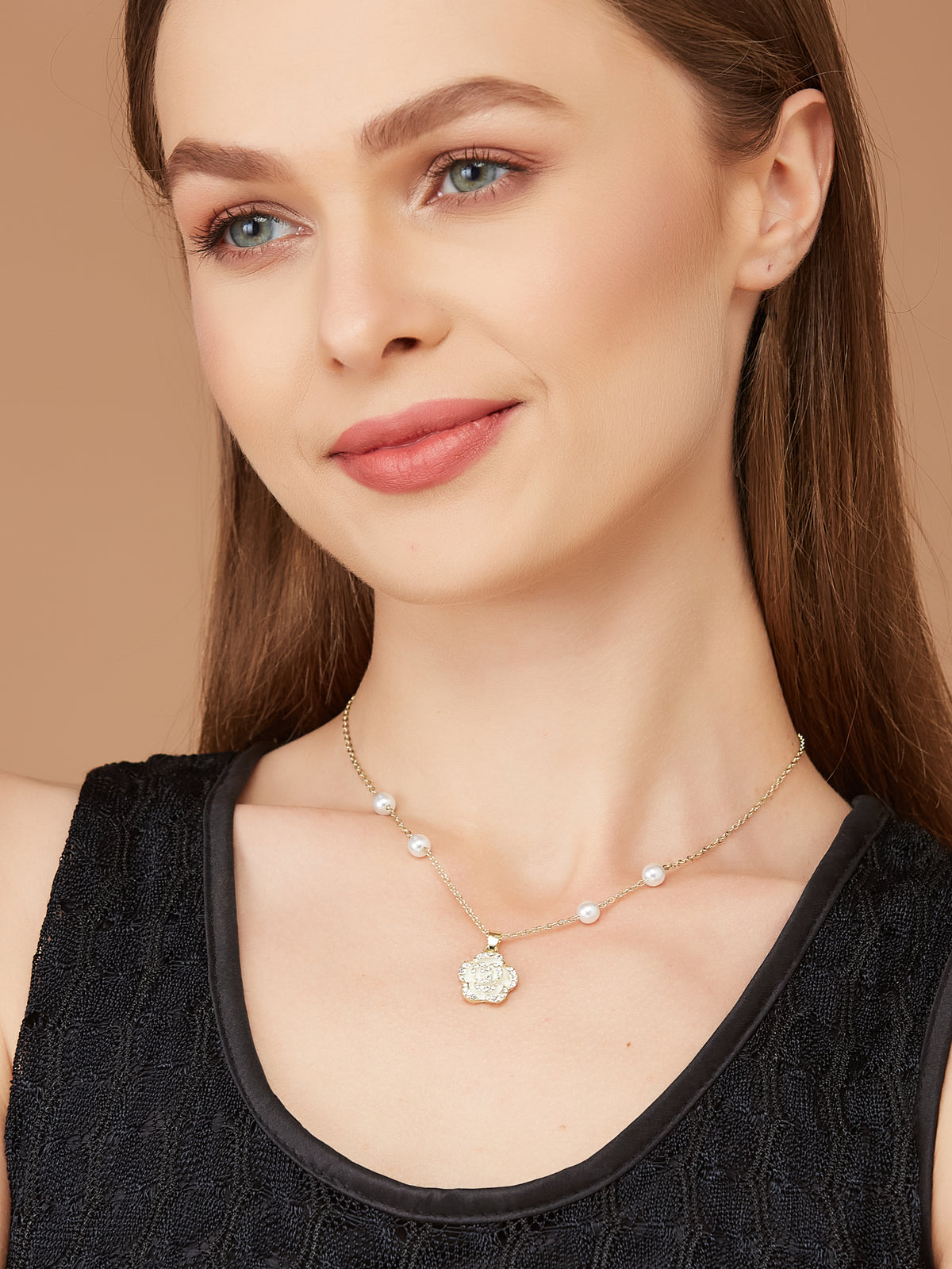 Stylish Gold Plated Chain With Pearls & Floral Pendant For Women & Girls