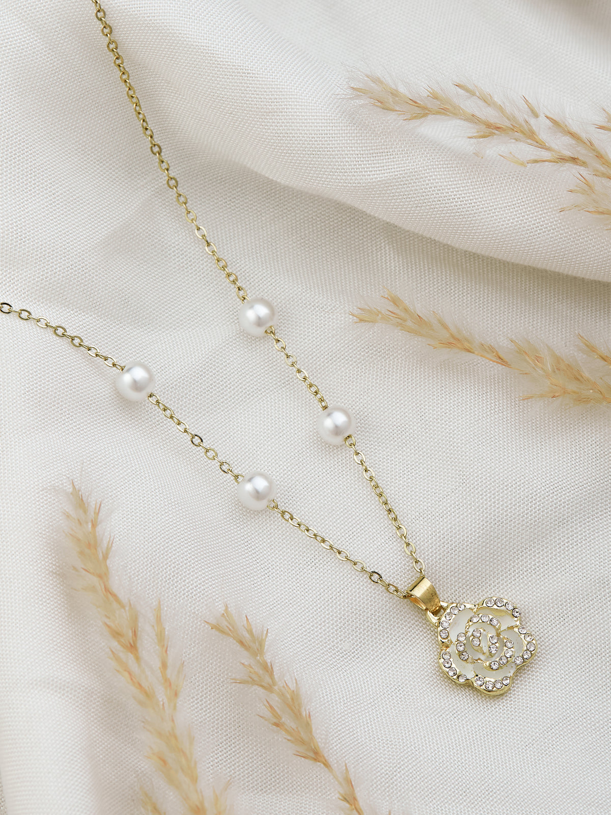 Stylish Gold Plated Chain With Pearls & Floral Pendant For Women & Girls