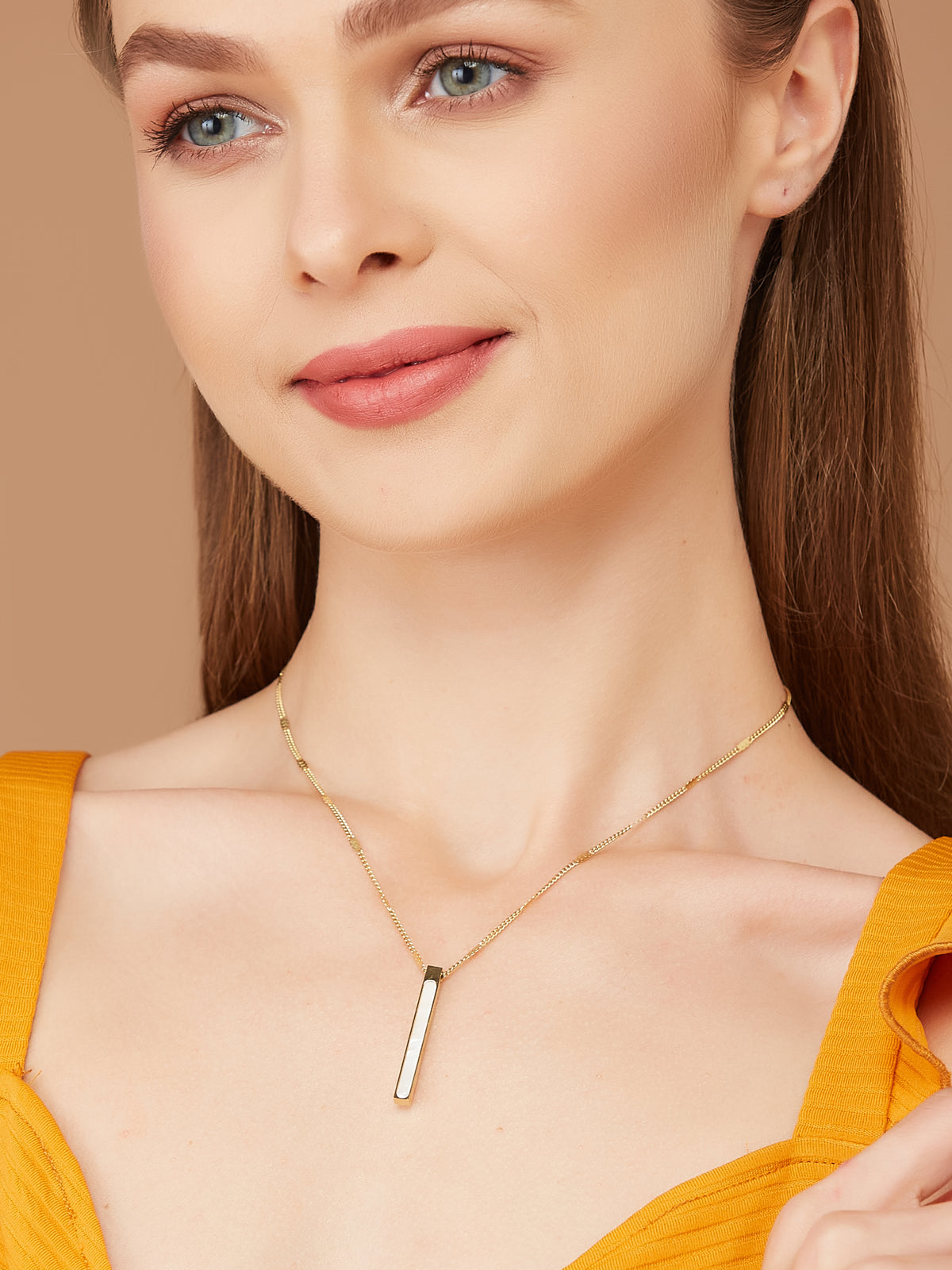 Cuboid Bar White Pearl Enamel Pendant For Women & Girls