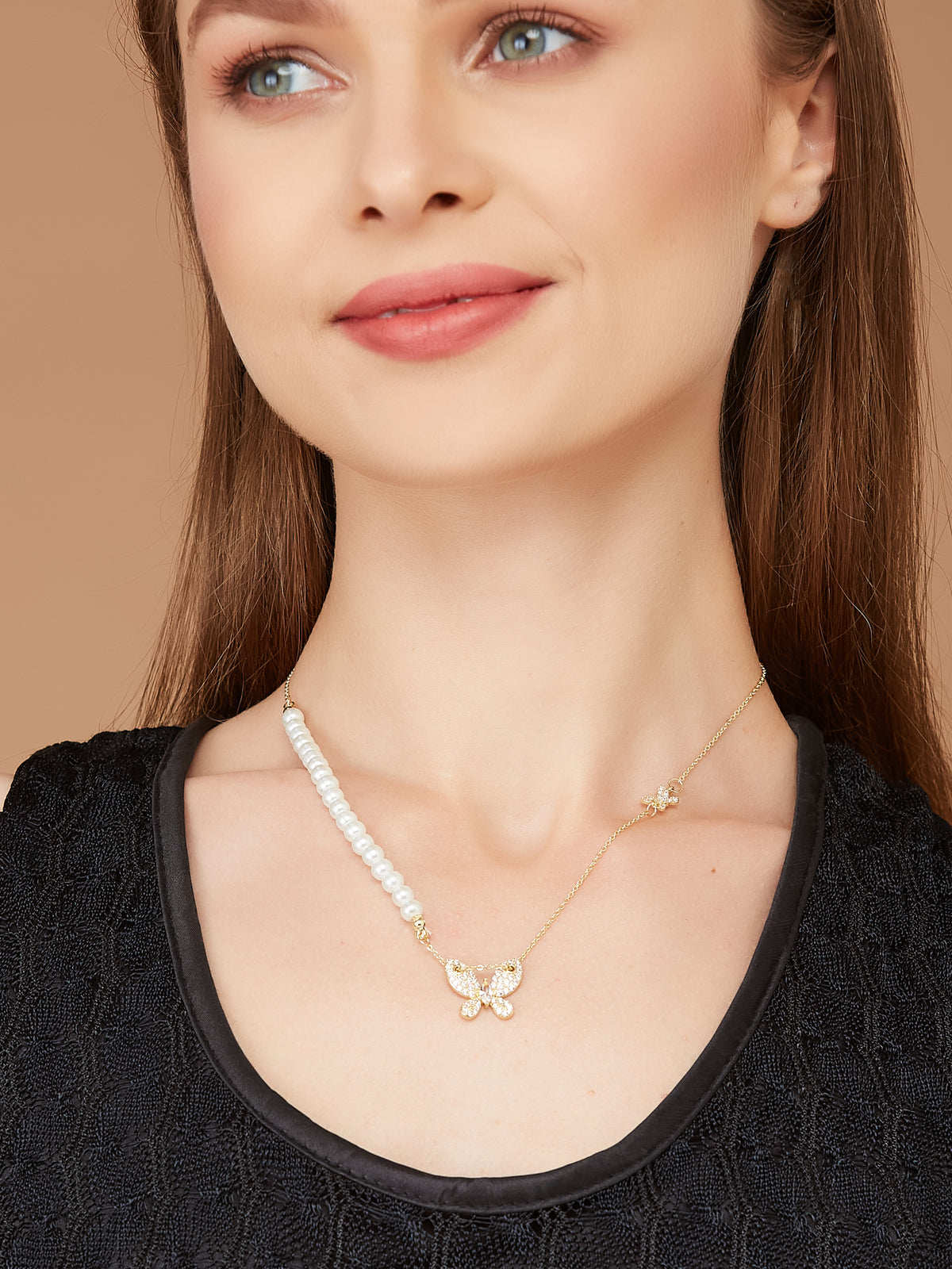 Gold Plated Chain With Pearl And Butterfly Pendant For Women & Girls