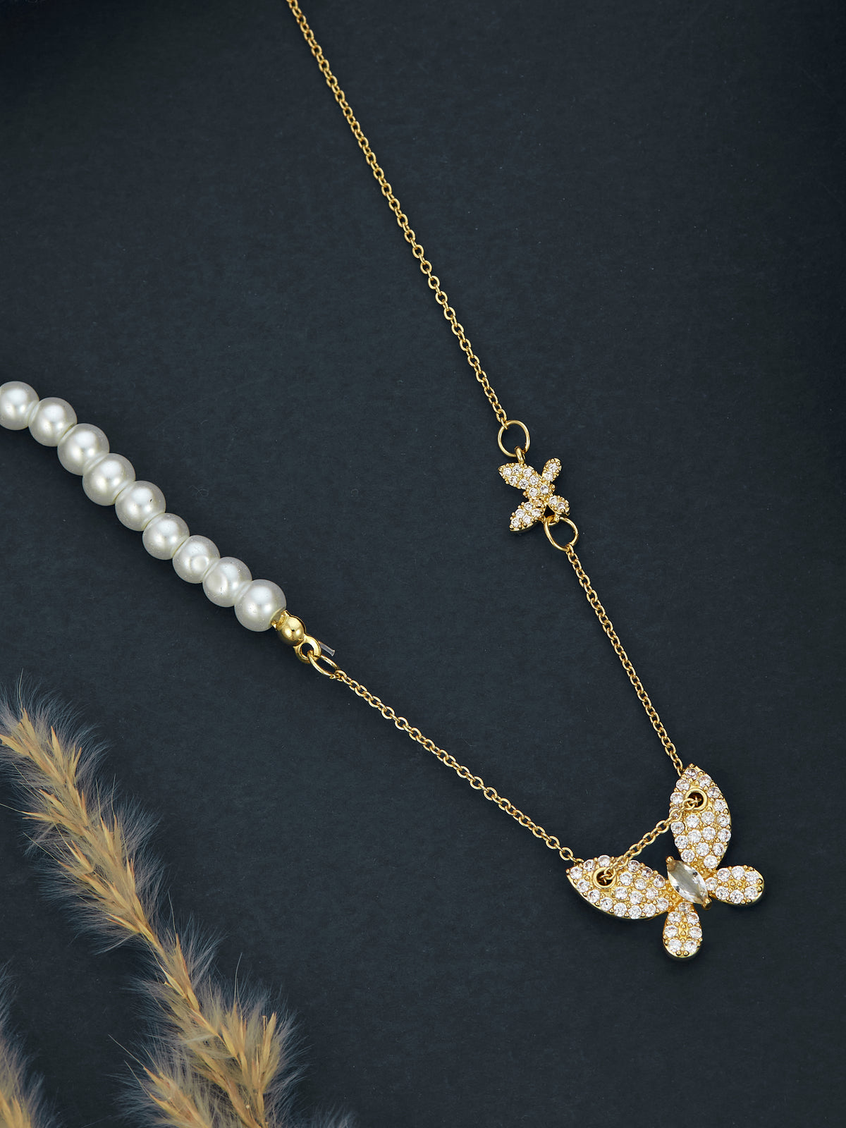 Gold Plated Chain With Pearl And Butterfly Pendant For Women & Girls