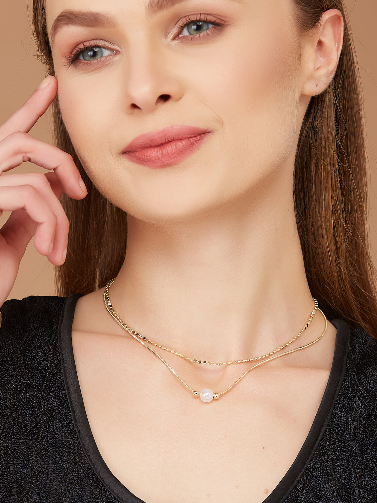 Gold Plated Double Chain With Pearl For Women & Girls