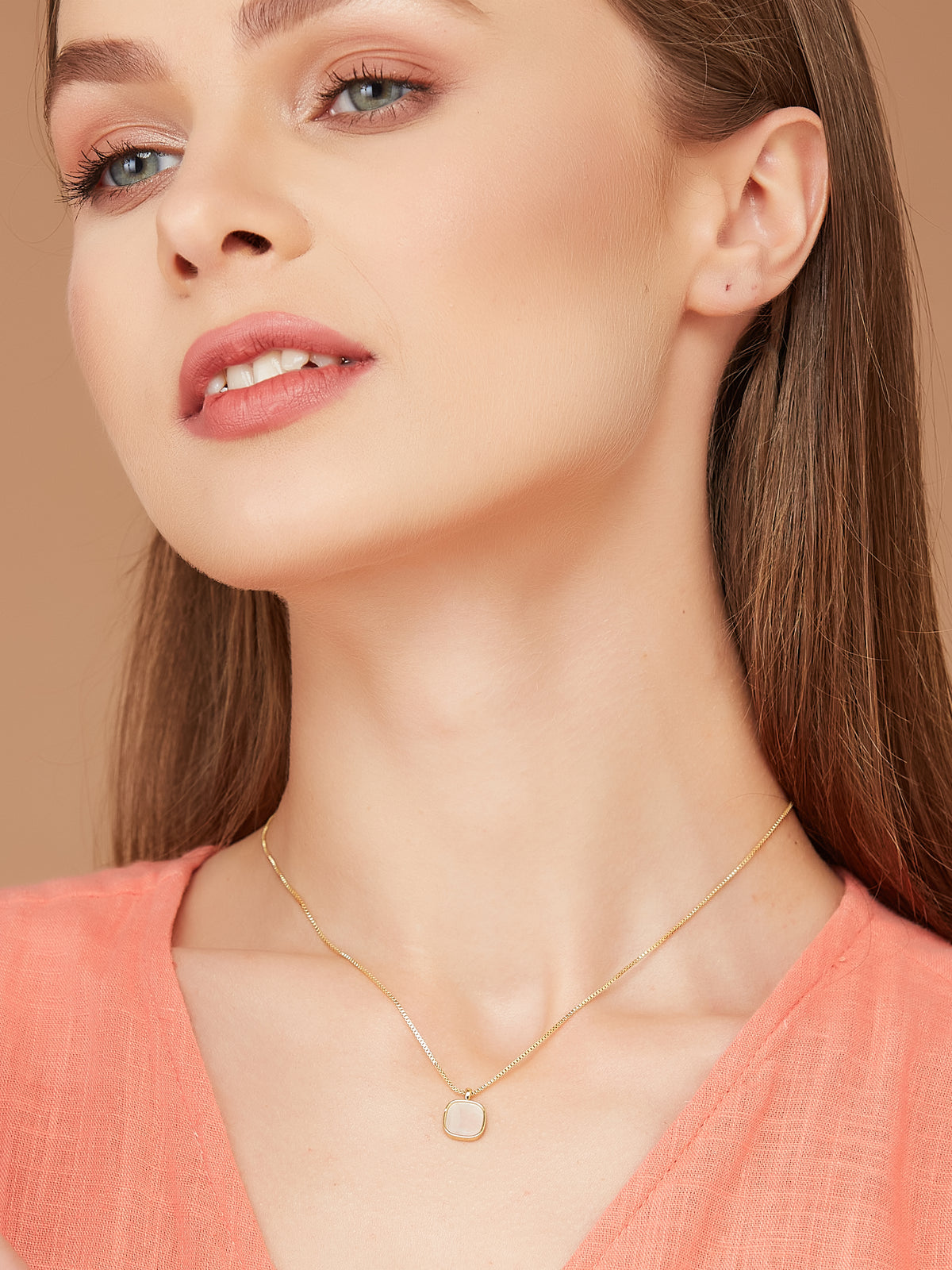 Gold Plated Chain With Square Shape Pendant For Women & Girls