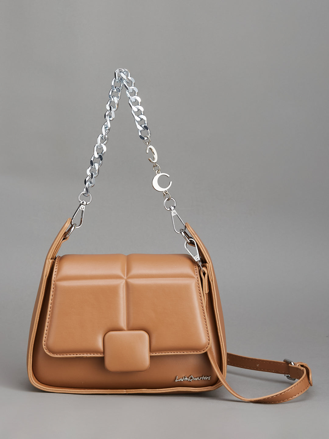 Latin Quarters Women's Tan Quilted Shoulder Bag with Silver Chain Strap