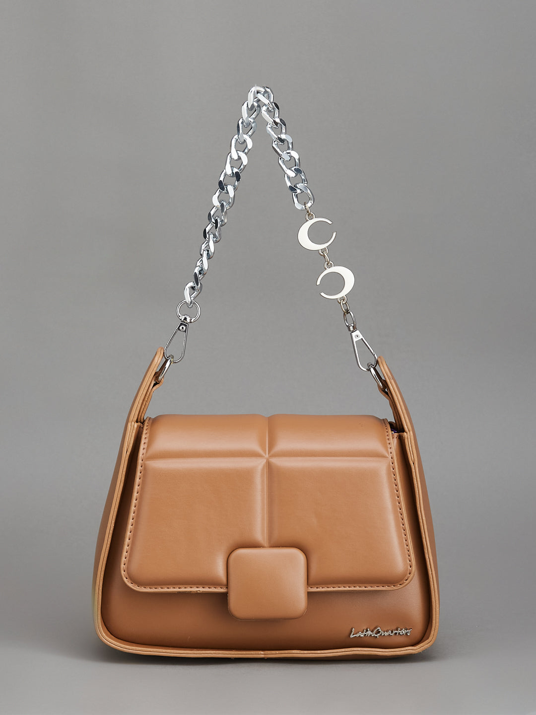 Latin Quarters Women's Tan Quilted Shoulder Bag with Silver Chain Strap