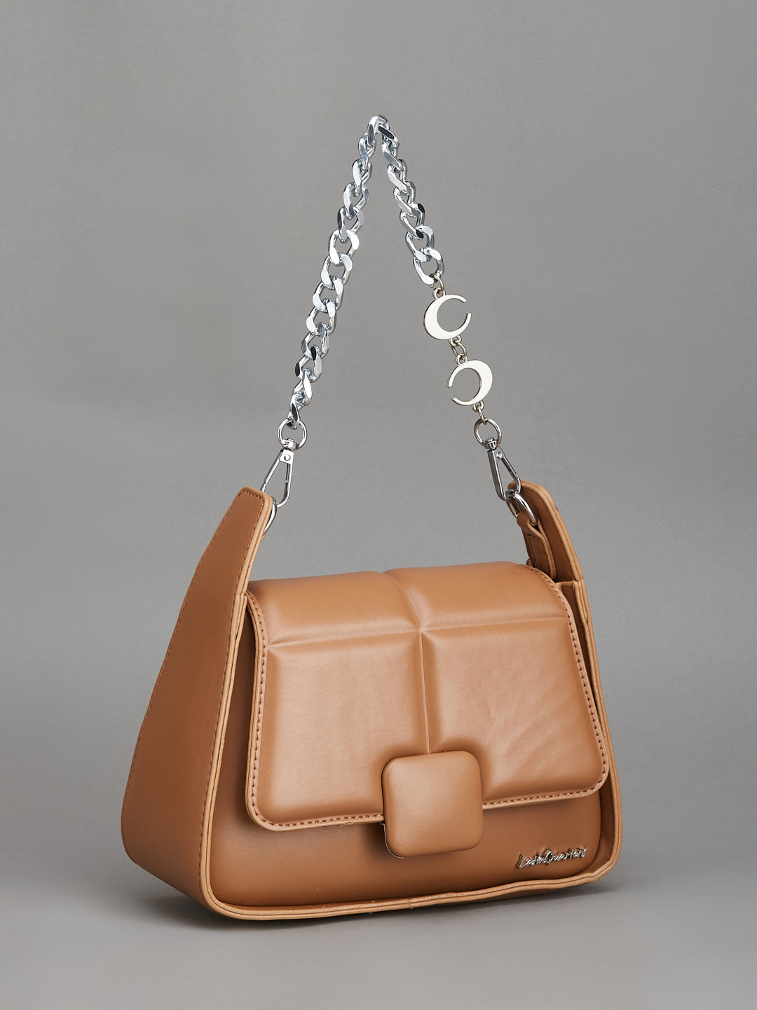 Latin Quarters Women's Tan Quilted Shoulder Bag with Silver Chain Strap