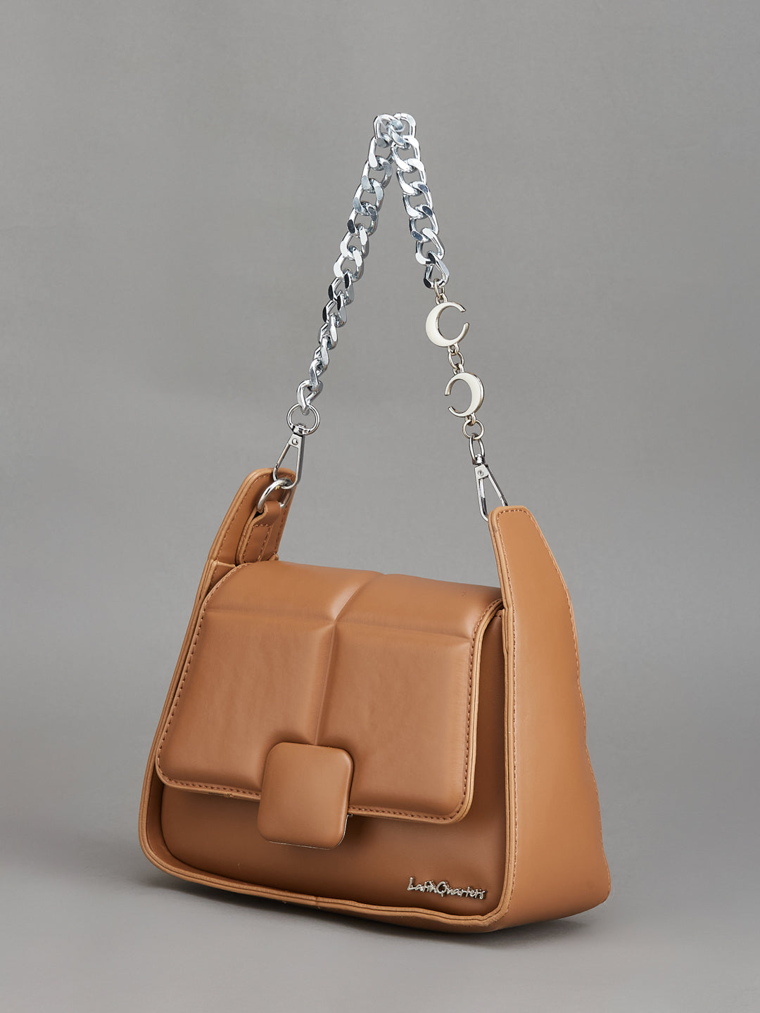 Latin Quarters Women's Tan Quilted Shoulder Bag with Silver Chain Strap