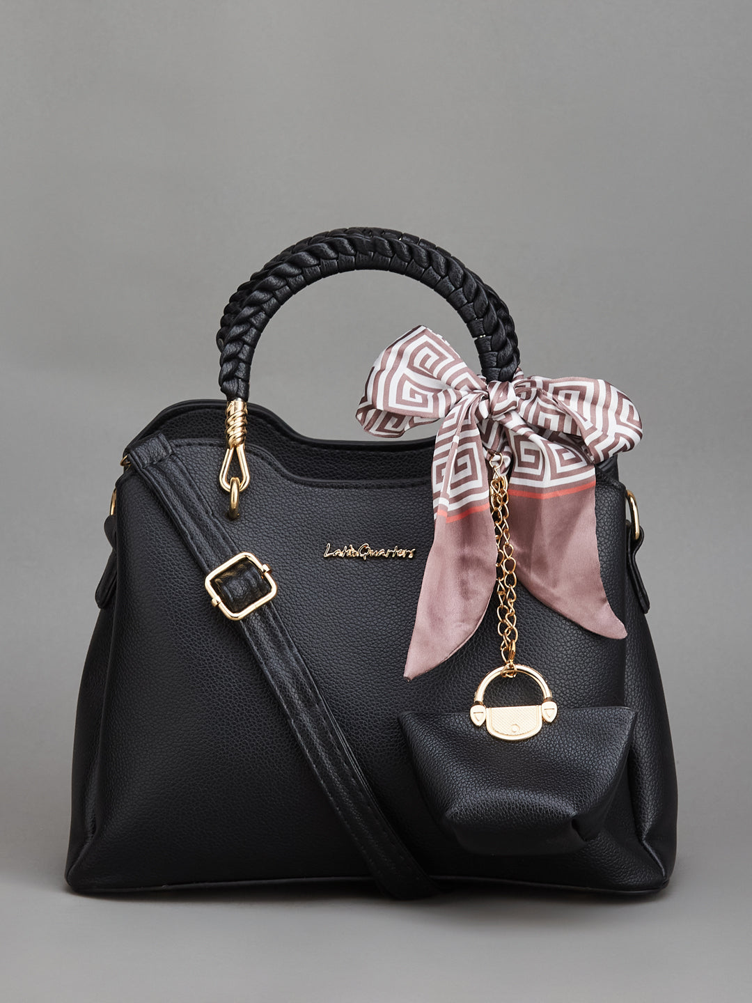 Latin Quarters Women's Black Top Handle Handbag with Braided Strap & Decorative Scarf Charm