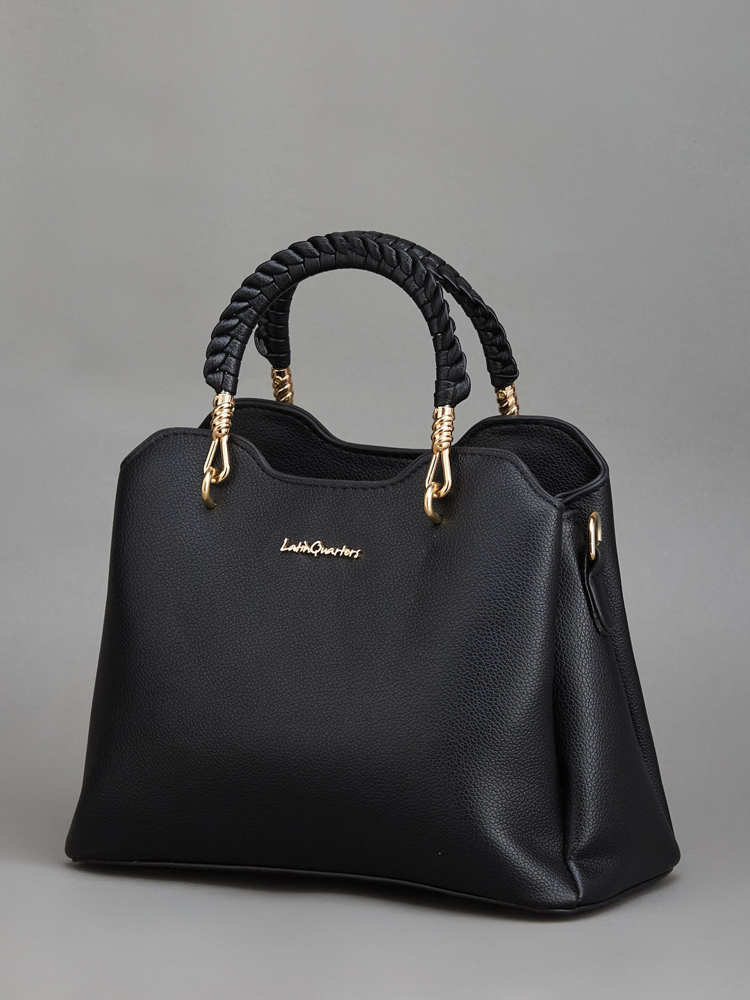 Latin Quarters Women's Black Top Handle Handbag with Braided Strap & Decorative Scarf Charm