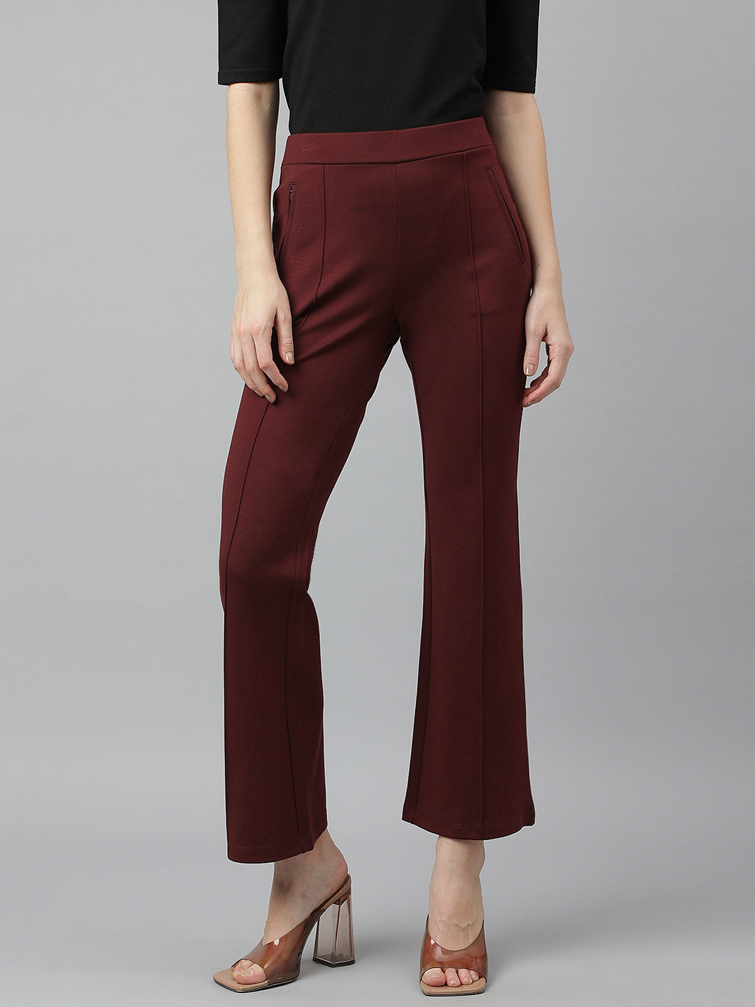 Latin Quarters Women Maroon Solid High Rise Casual Flared Trouser