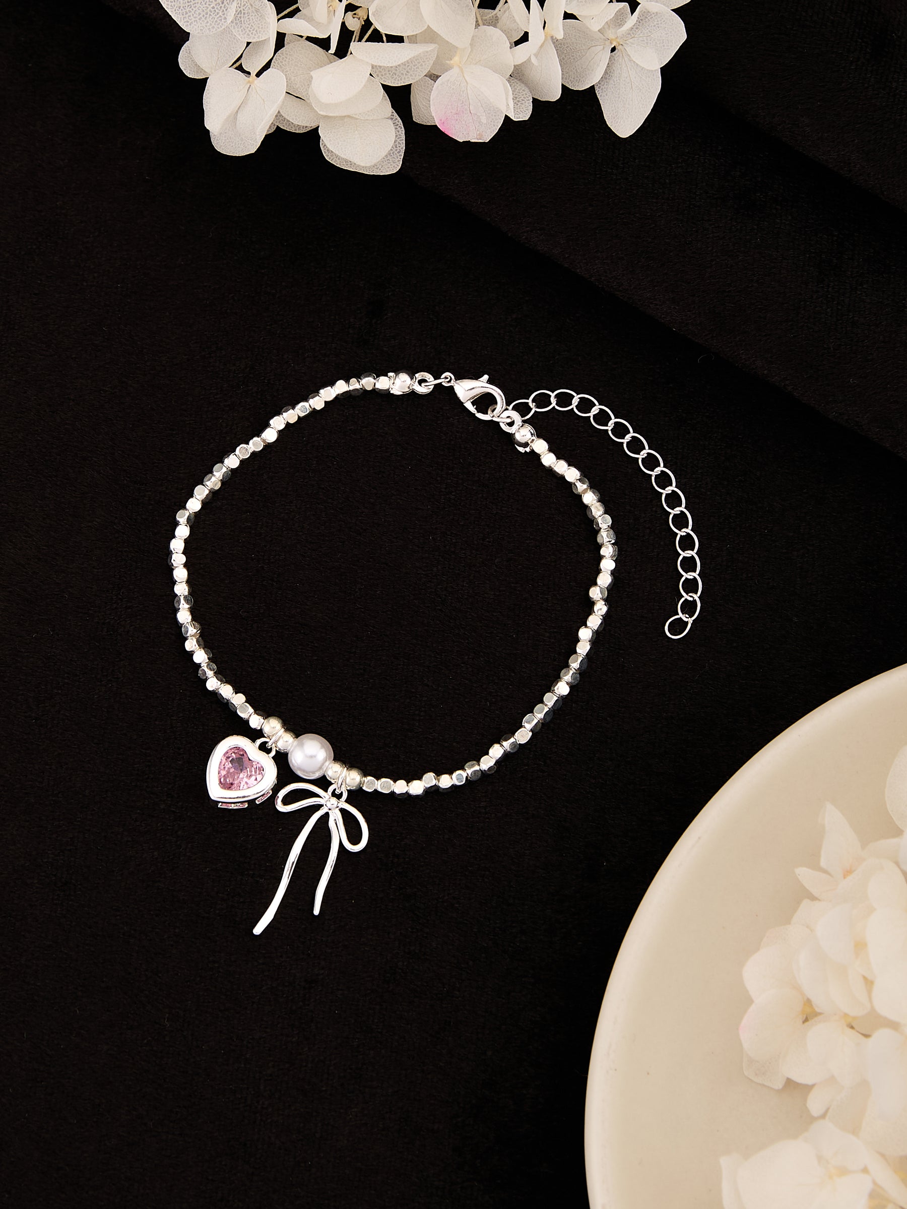 Latin Quarters Women's Silver Beaded Bracelet with Pink Heart and Bow Charms