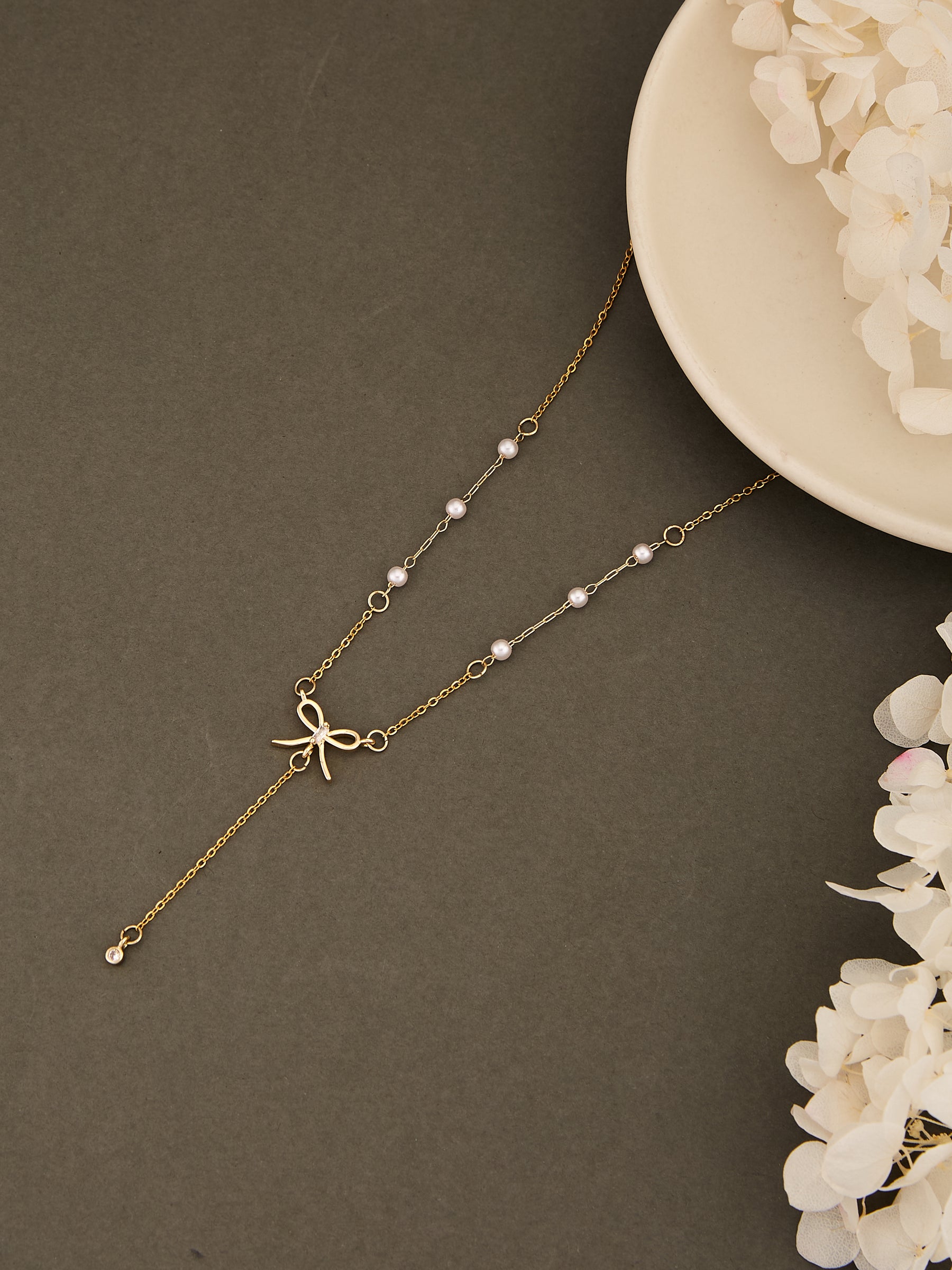 Latin Quarters Women's Gold Toned Bow Lariat Pearls Necklace