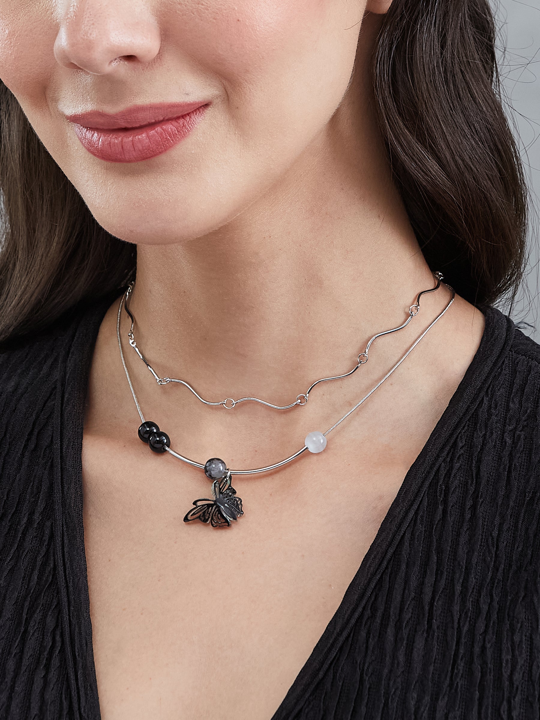 Latin Quarters Women's Layered Silver-Toned Wavy Choker Necklace with Butterfly and Stone Beads