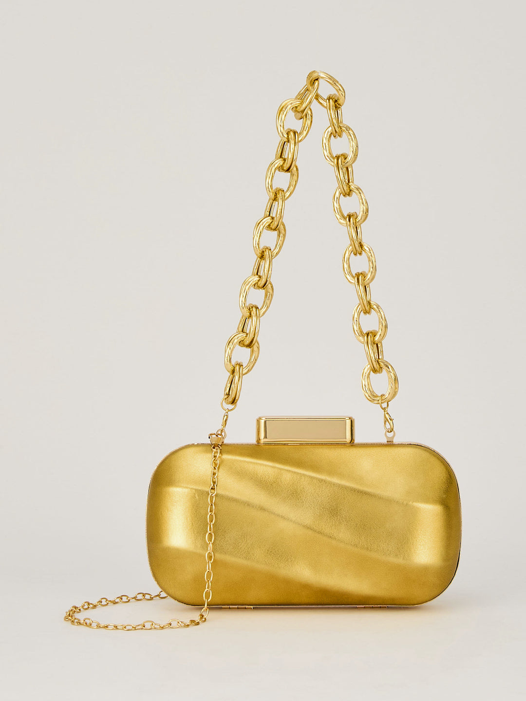 Latin Quarters Women's Metallic Golden Box Clutch with Chunky Chain Strap