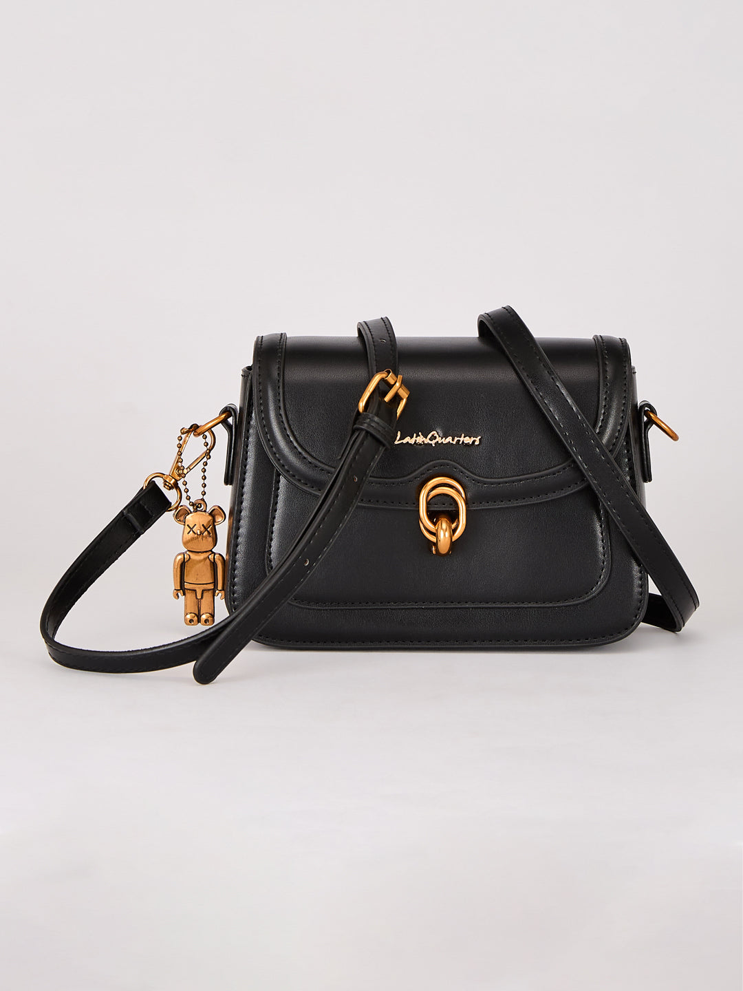 Latin Quarters Women's Solid Black Crossbody Bag with Bear Charm