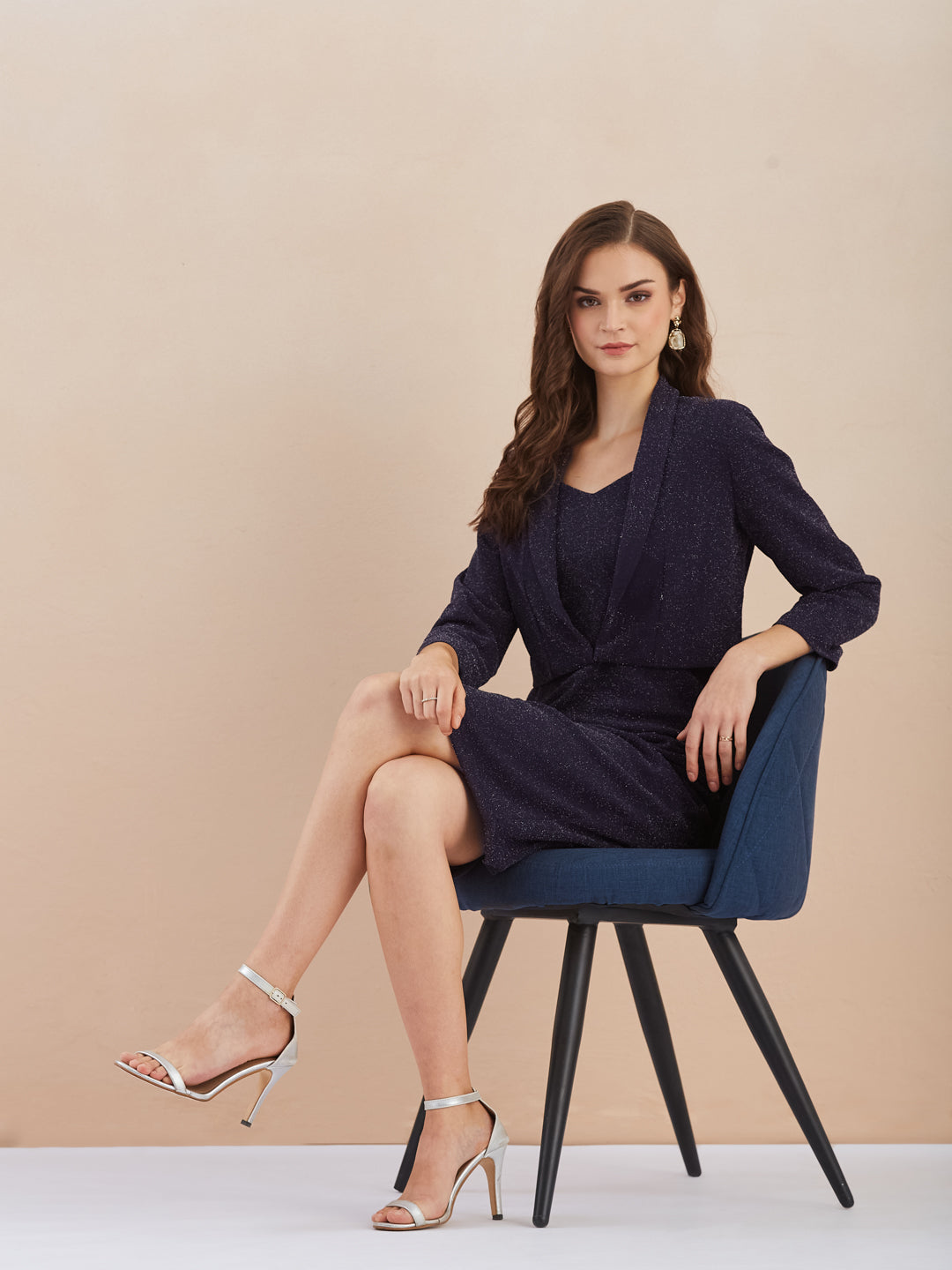 Latin Quarters Women Navy Blue Sweetheart Neck Sleeveless Shimmer Bodycon Dress with 3/4th Sleeve Shrug For Party Wear
