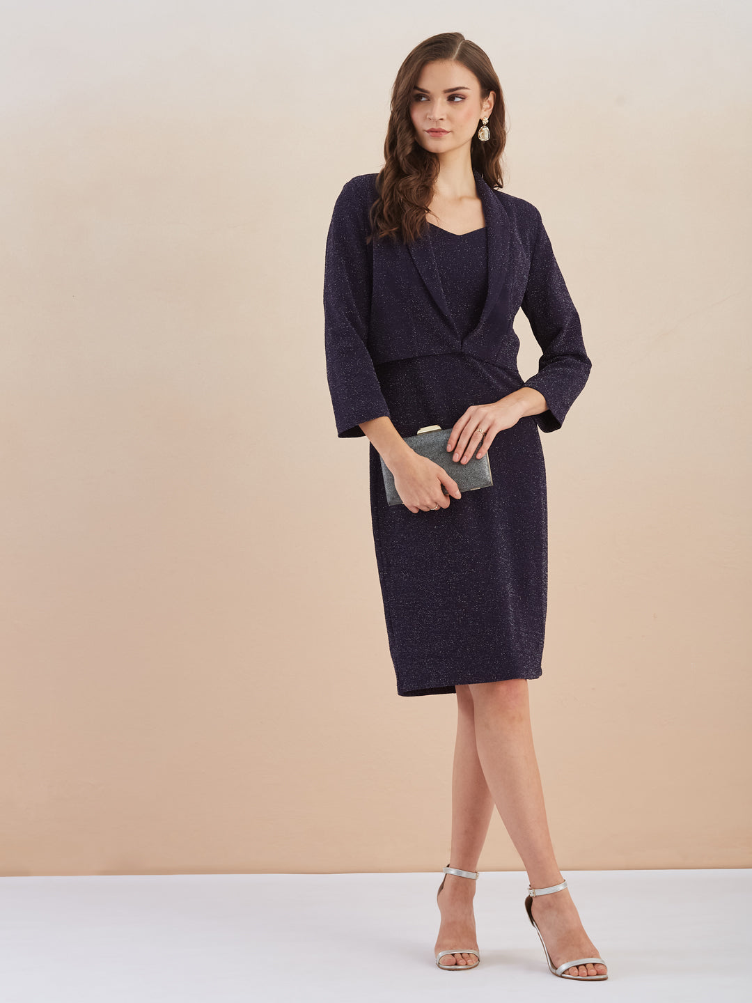 Latin Quarters Women Navy Blue Sweetheart Neck Sleeveless Shimmer Bodycon Dress with 3/4th Sleeve Shrug For Party Wear