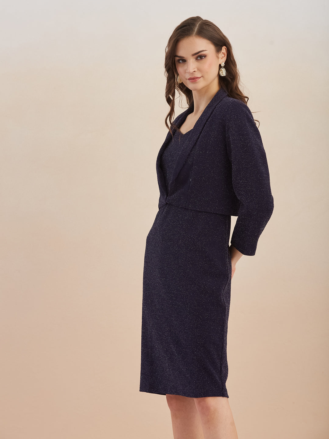Latin Quarters Women Navy Blue Sweetheart Neck Sleeveless Shimmer Bodycon Dress with 3/4th Sleeve Shrug For Party Wear