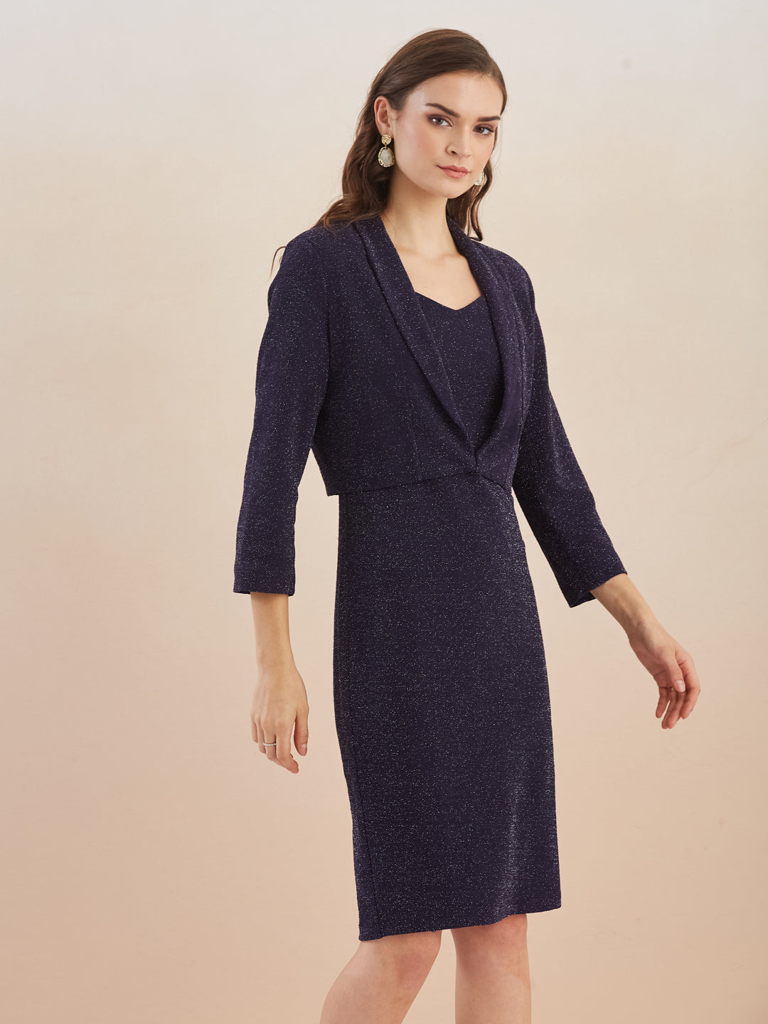 Latin Quarters Women Navy Blue Sweetheart Neck Sleeveless Shimmer Bodycon Dress with 3/4th Sleeve Shrug For Party Wear