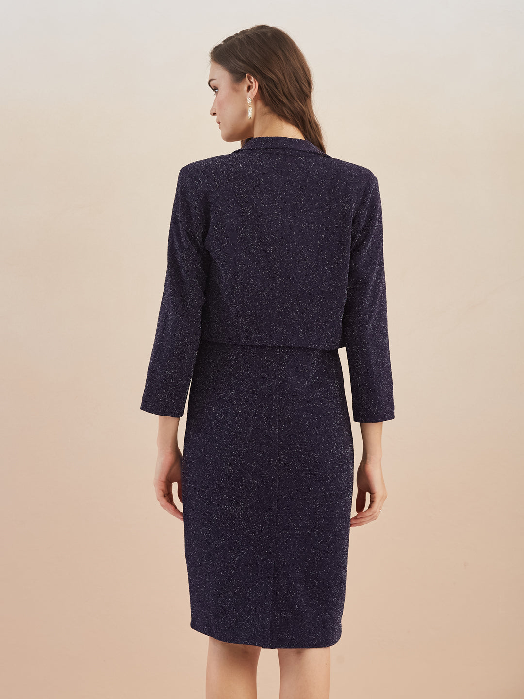 Latin Quarters Women Navy Blue Sweetheart Neck Sleeveless Shimmer Bodycon Dress with 3/4th Sleeve Shrug For Party Wear